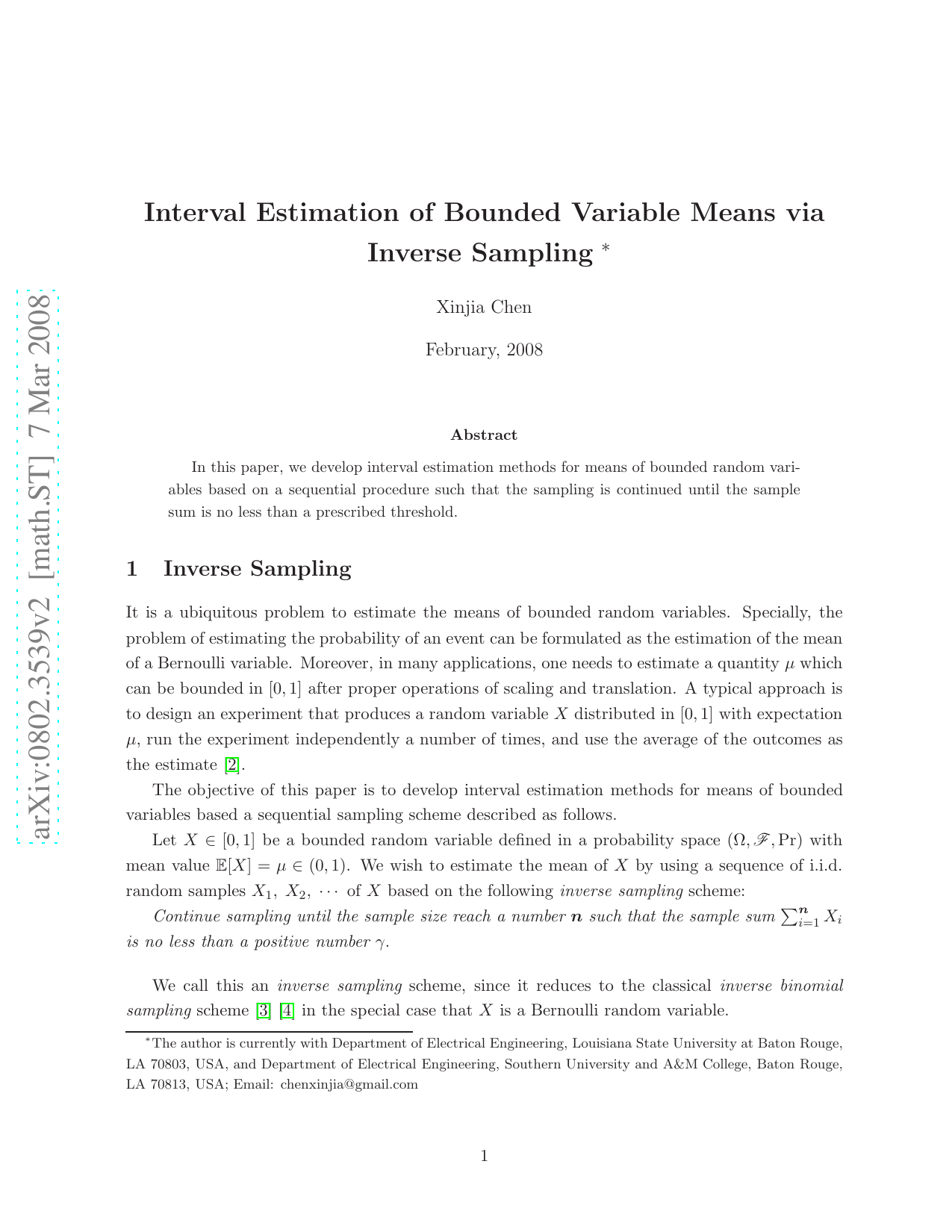 Interval Estimation of Bounded Variable Means via Inverse Sampling