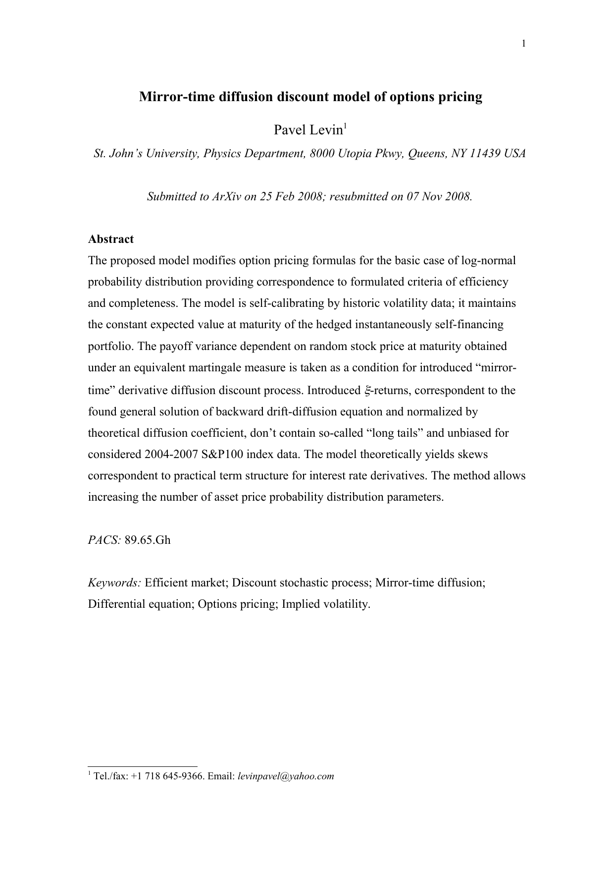 Mirror-time diffusion discount model of options pricing