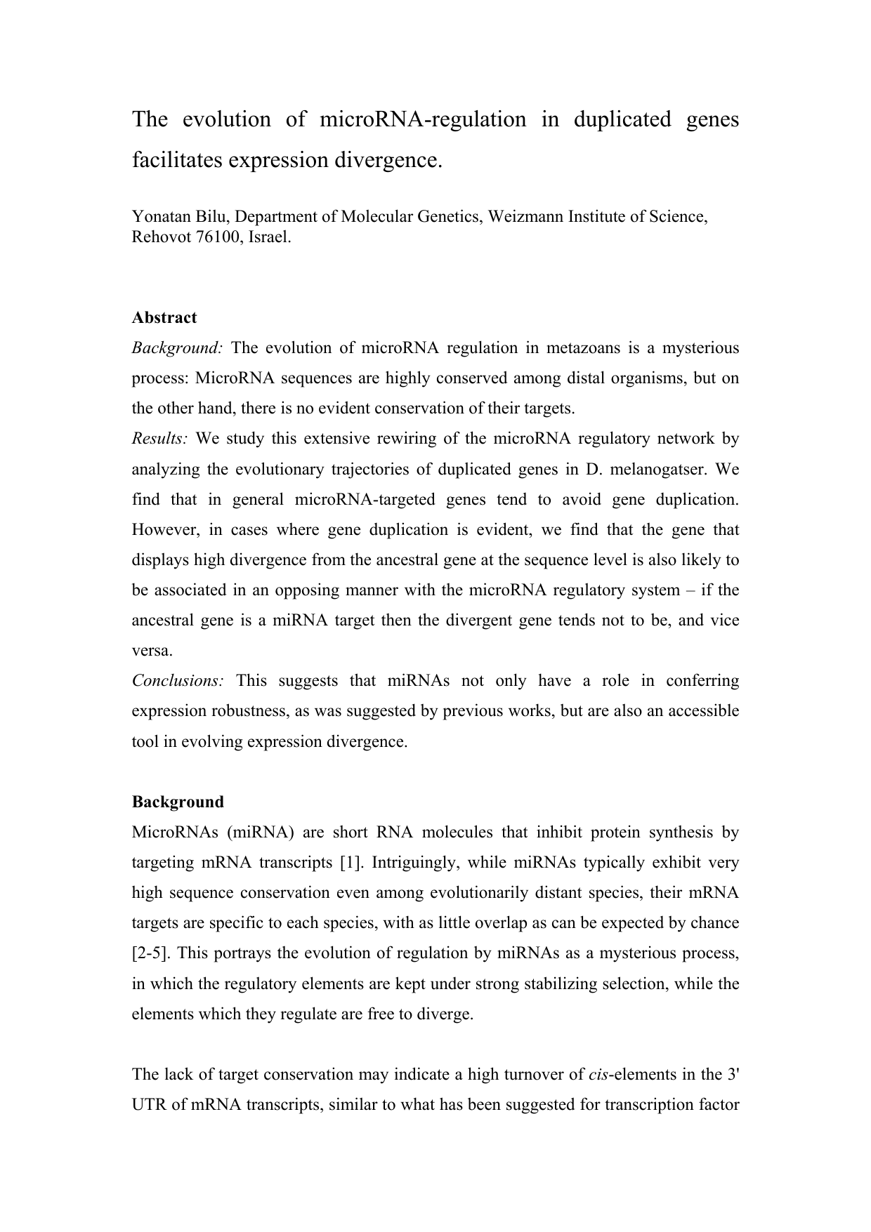 The evolution of microRNA-regulation in duplicated genes facilitates expression divergence