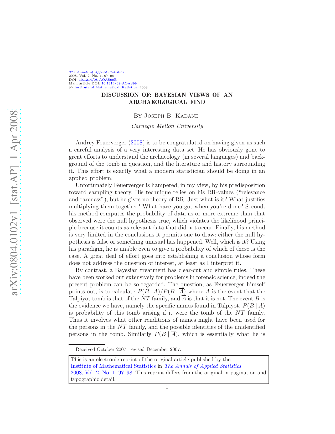 Discussion of: Bayesian views of an archaeological find