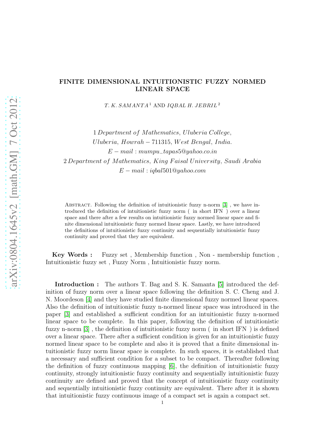 Finite Dimensional Intuitionistic Fuzzy Normed Linear Space