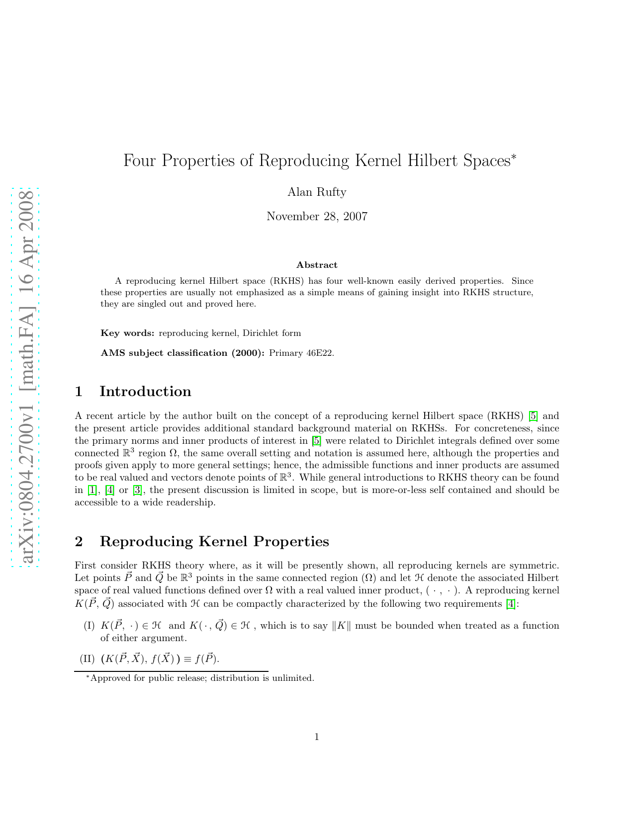 Four Properties of Reproducing Kernel Hilbert Spaces