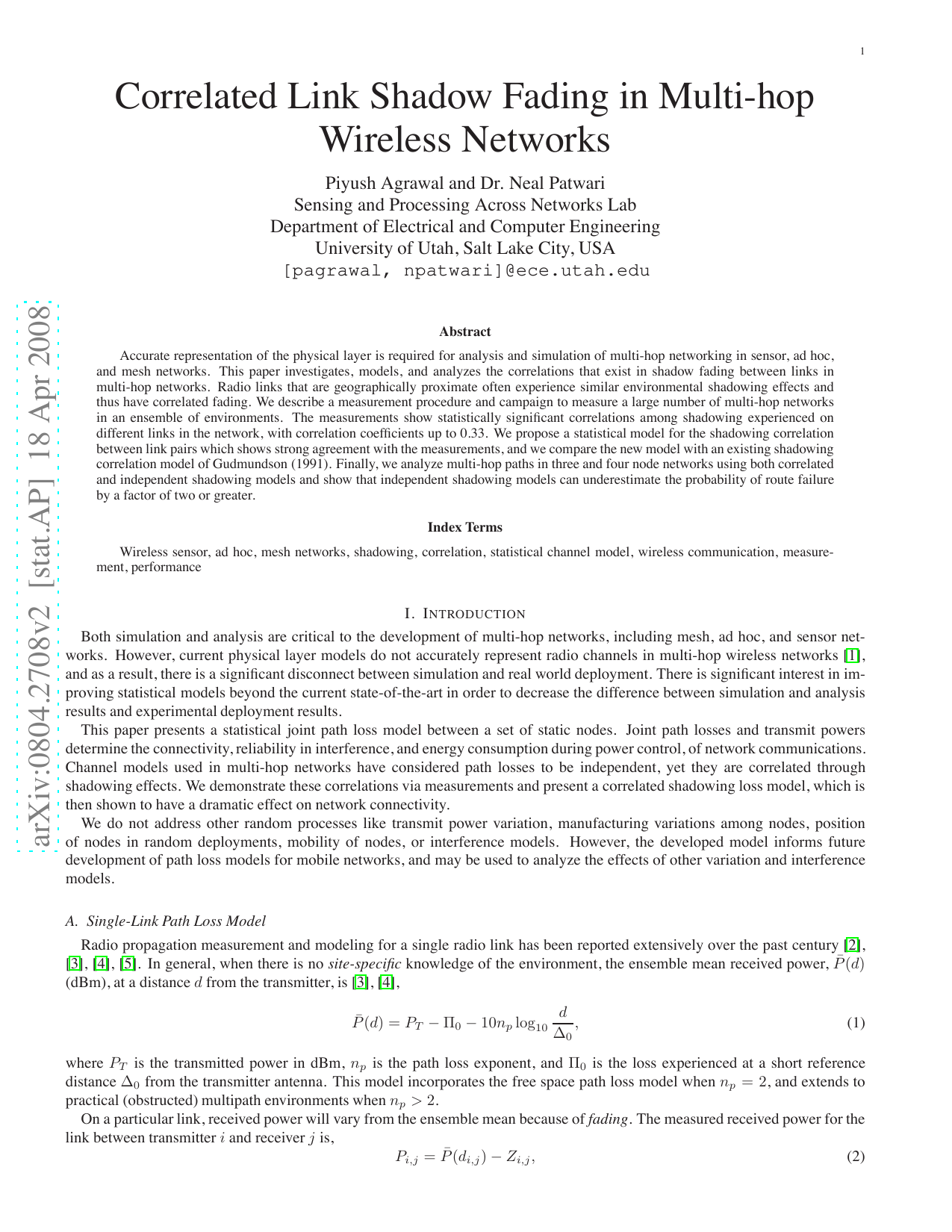 Correlated Link Shadow Fading in Multi-hop Wireless Networks