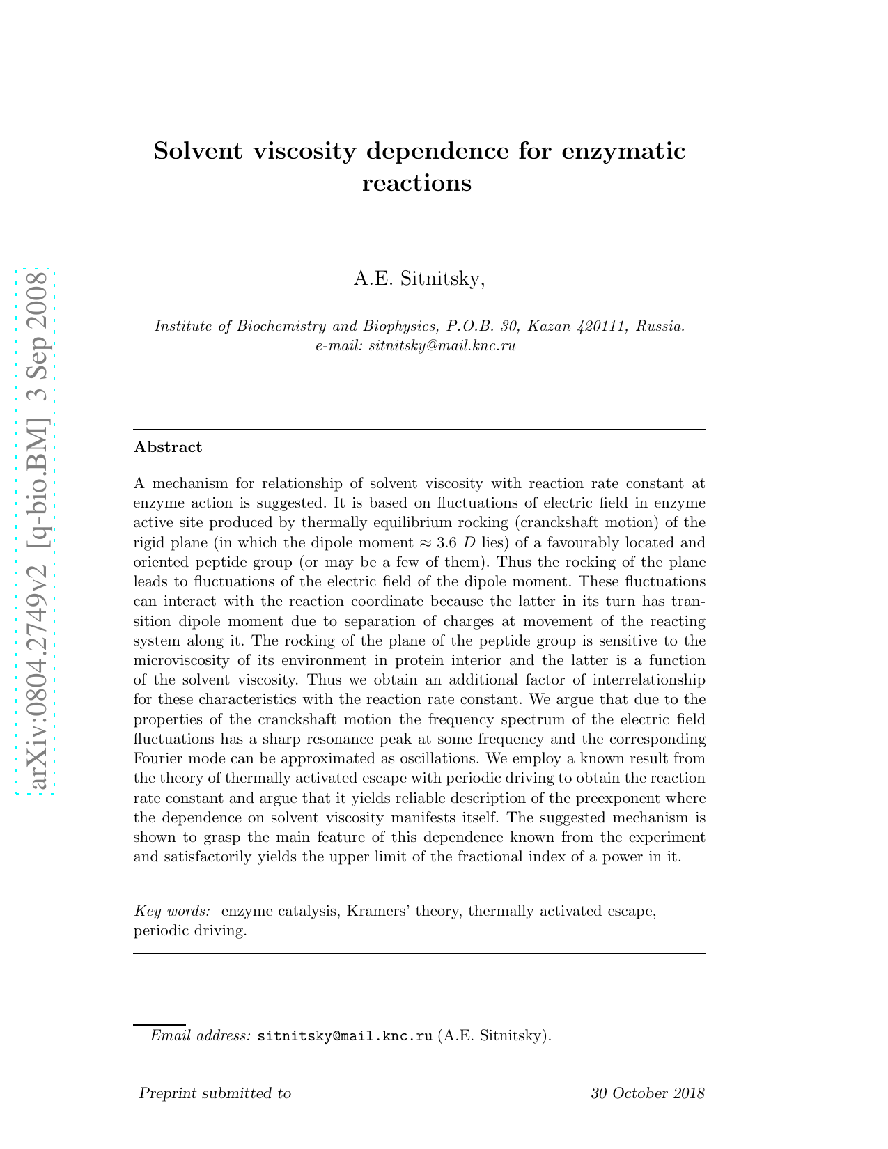 Solvent viscosity dependence for enzymatic reactions