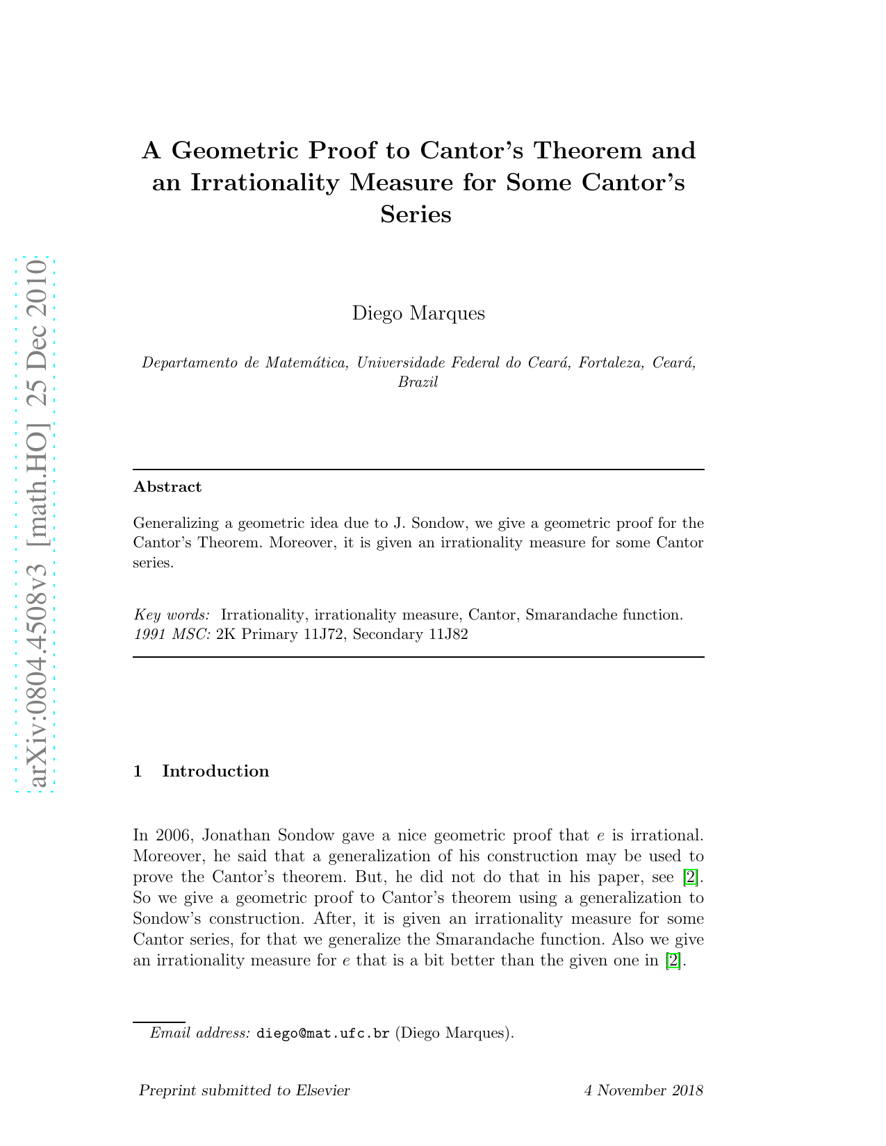 A Geometric Proof to Cantors Theorem and an Irrationality Measure for   Some Cantors Series