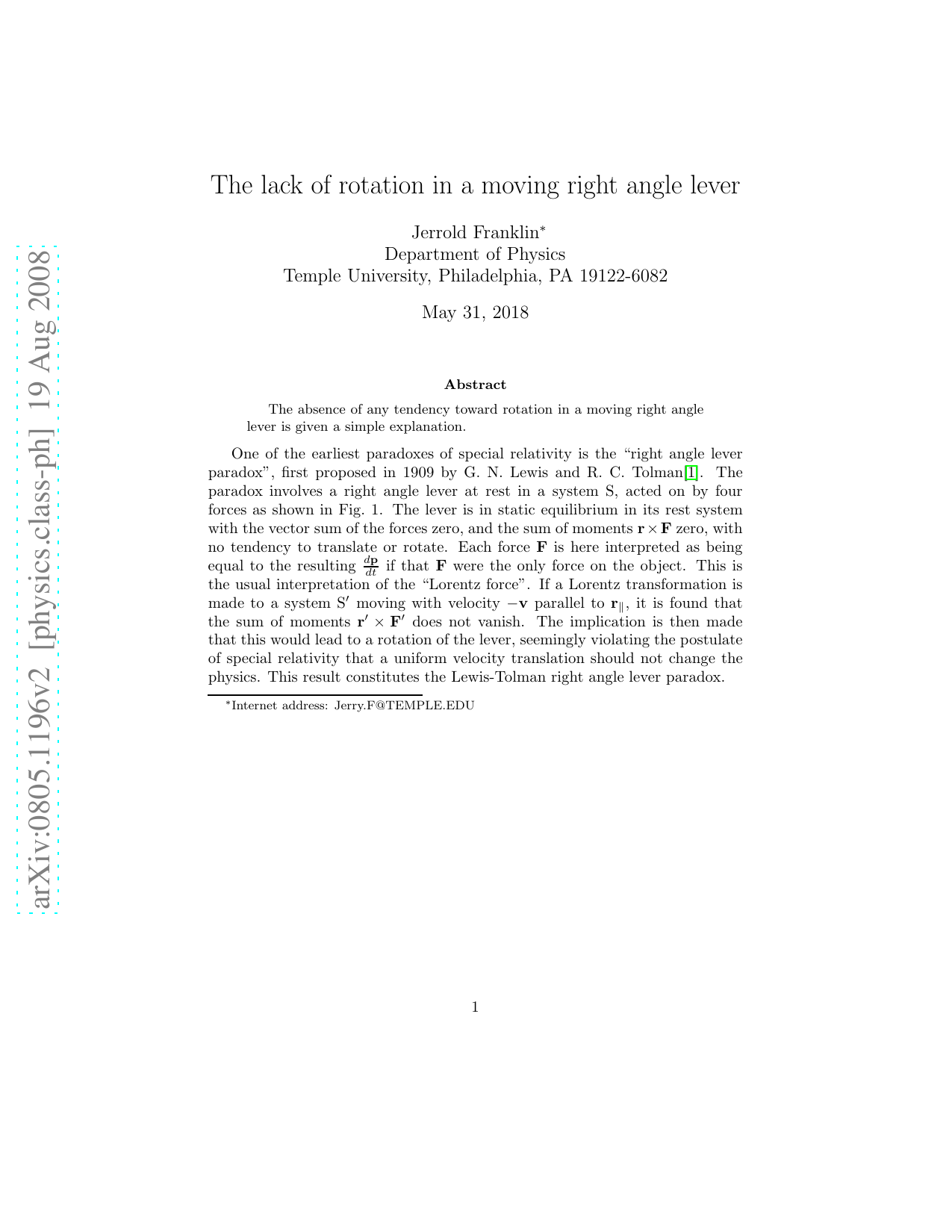 The lack of rotation in a moving right angle lever