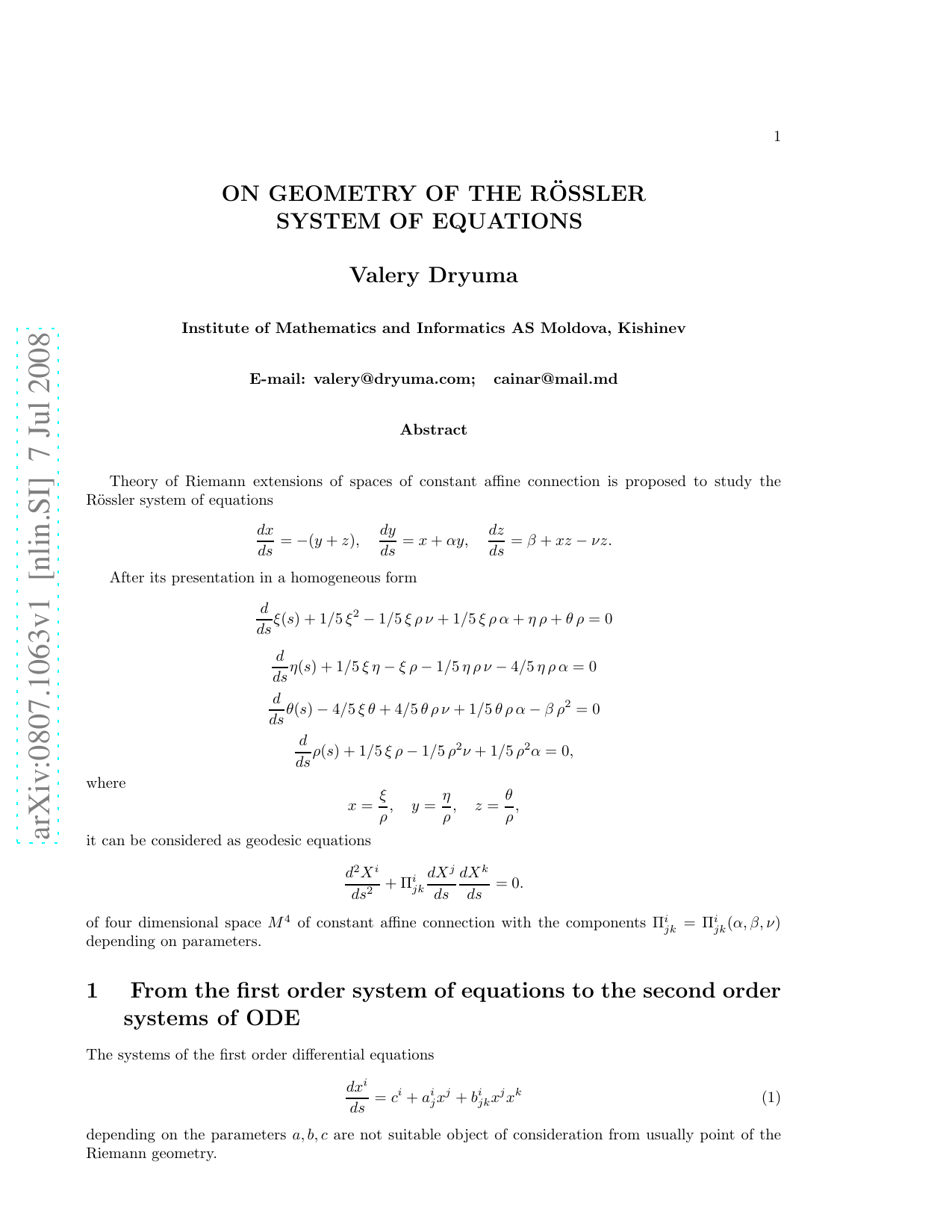 On Geometry of the R'ossler system of equations