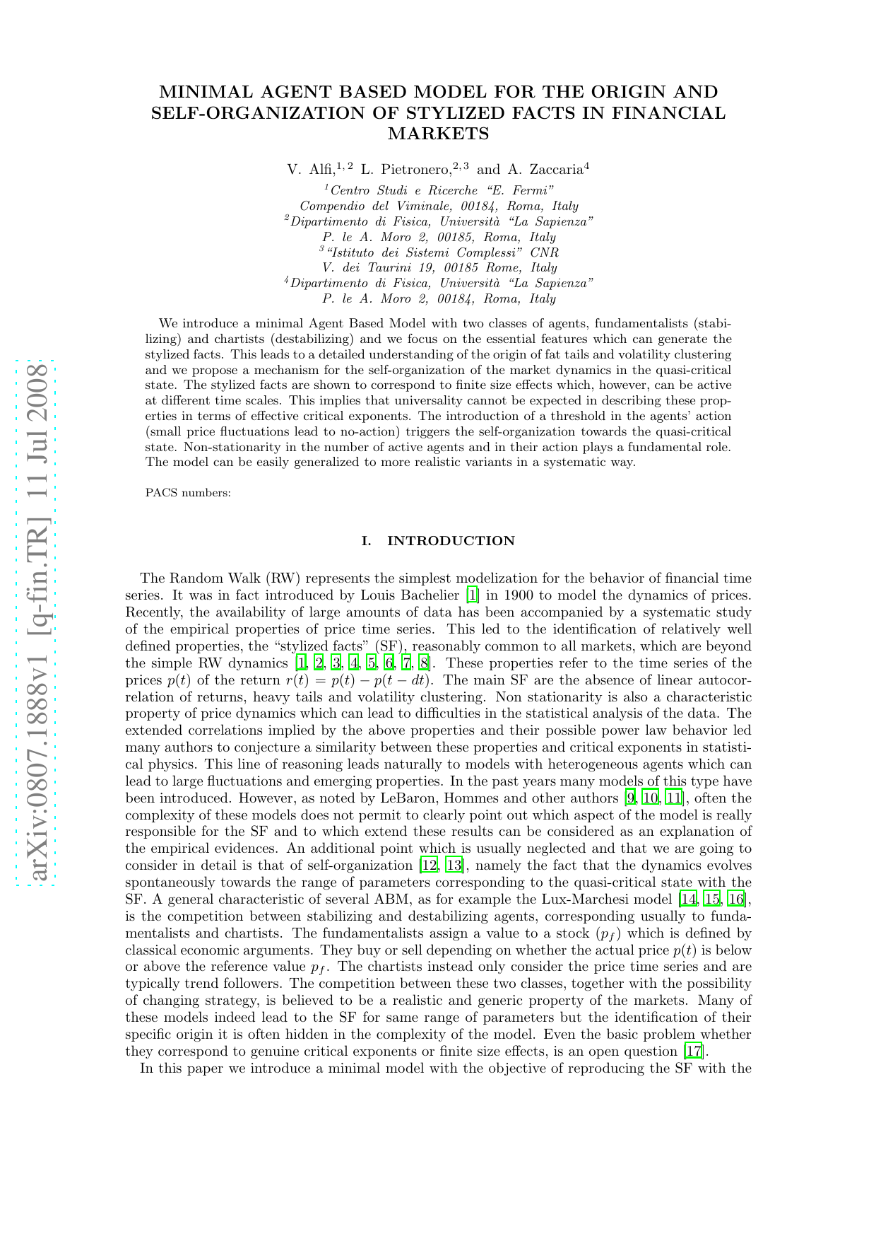 Minimal Agent Based Model For The Origin And Self-Organization Of   Stylized Facts In Financial Markets
