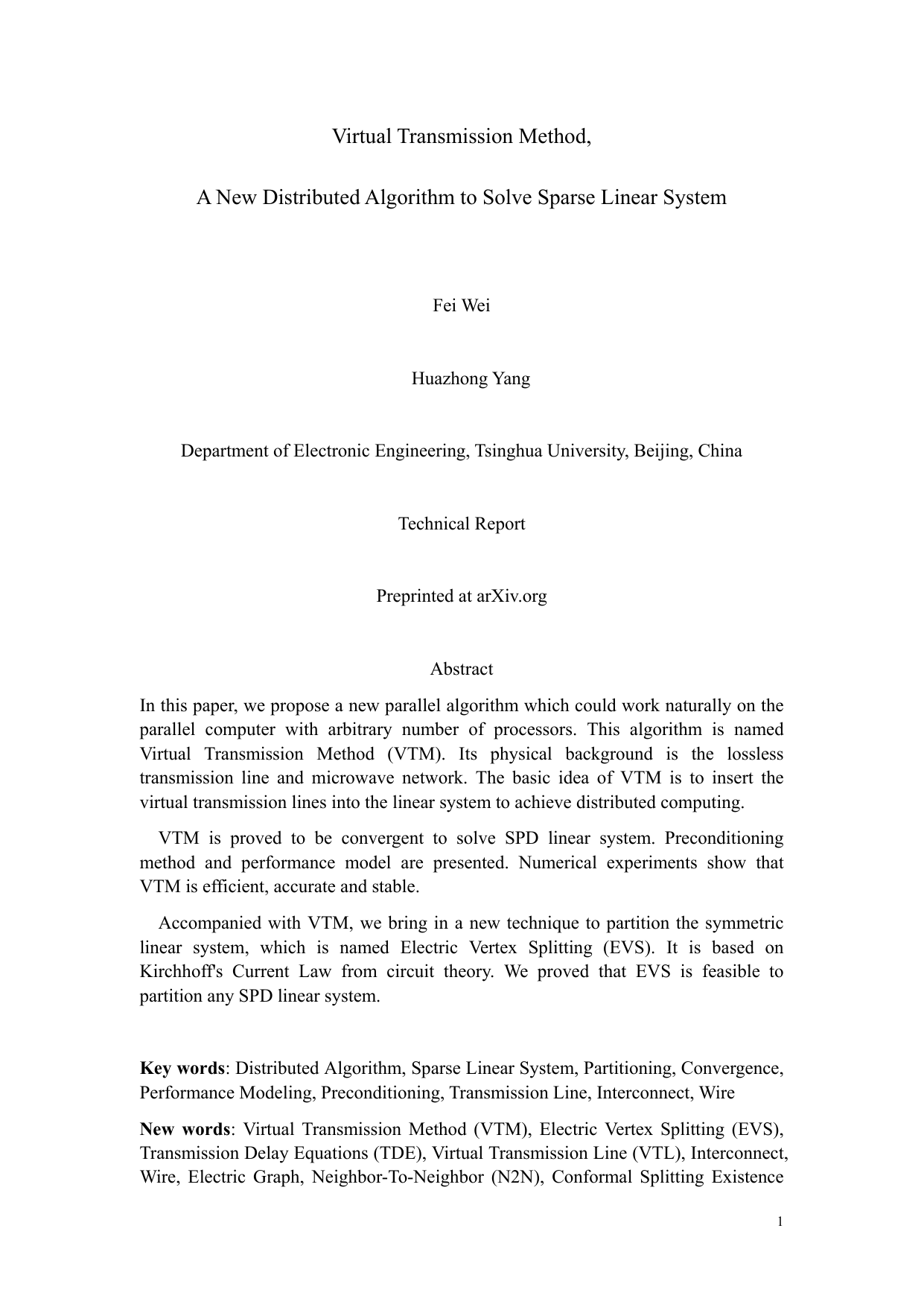 Virtual Transmission Method, A New Distributed Algorithm to Solve Sparse Linear System