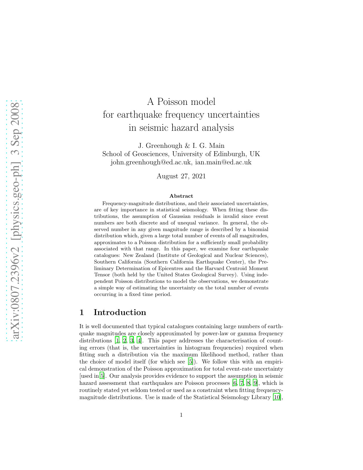 A Poisson model for earthquake frequency uncertainties in seismic hazard   analysis