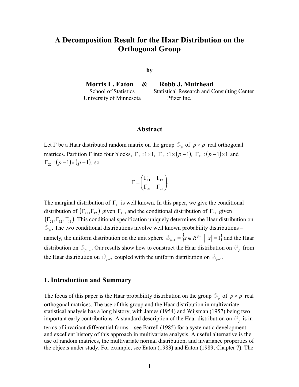 A decomposition result for the Haar distribution on the orthogonal group