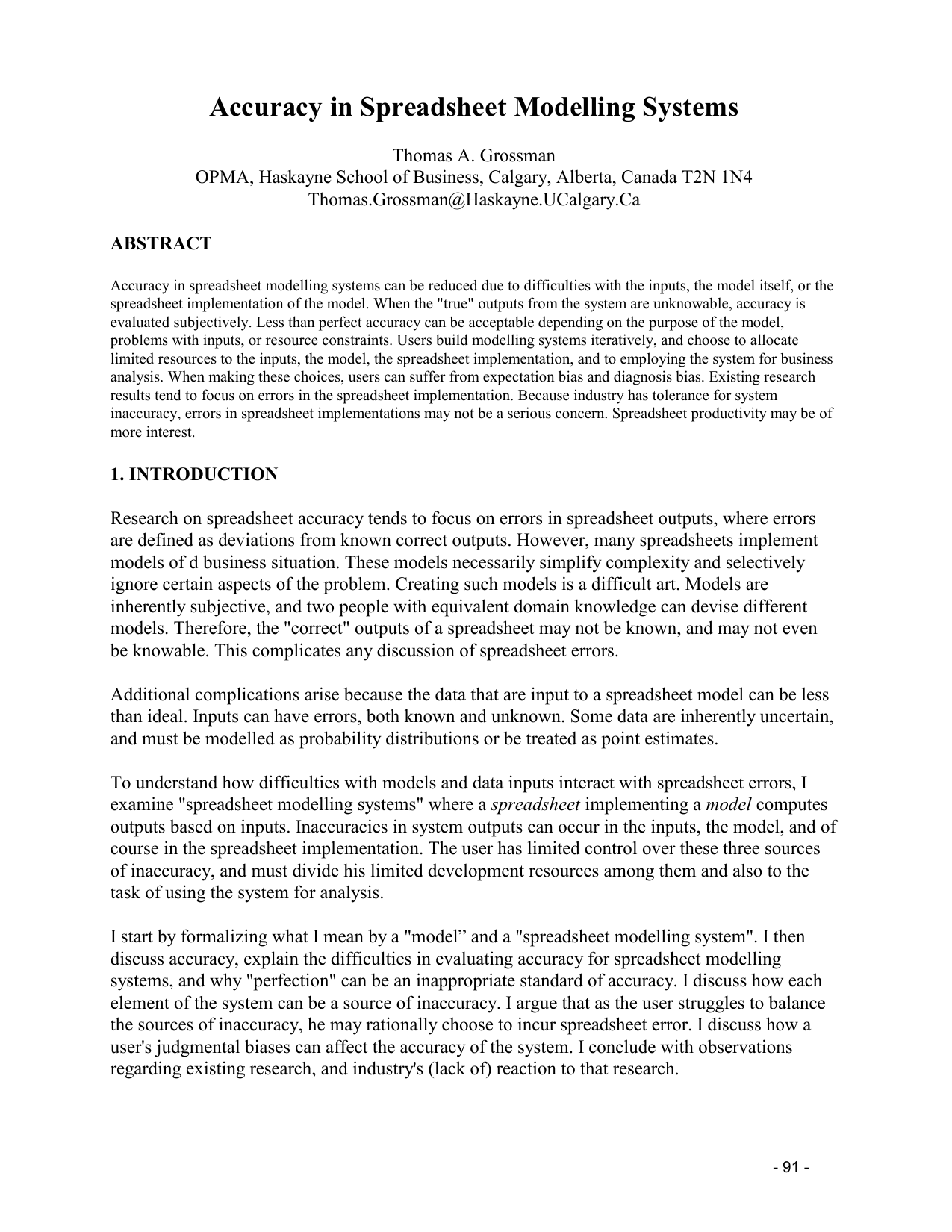 Accuracy in Spreadsheet Modelling Systems