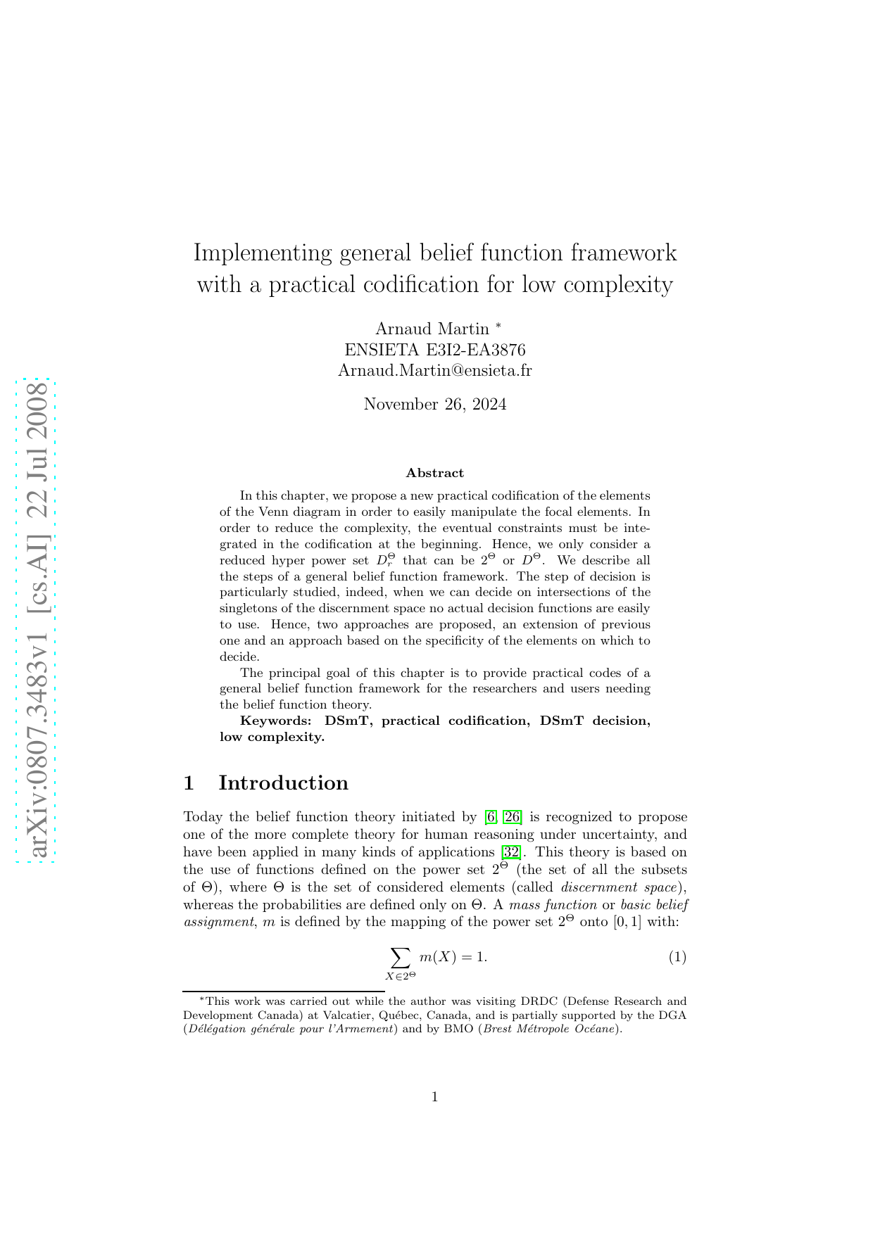 Implementing general belief function framework with a practical codification for low complexity