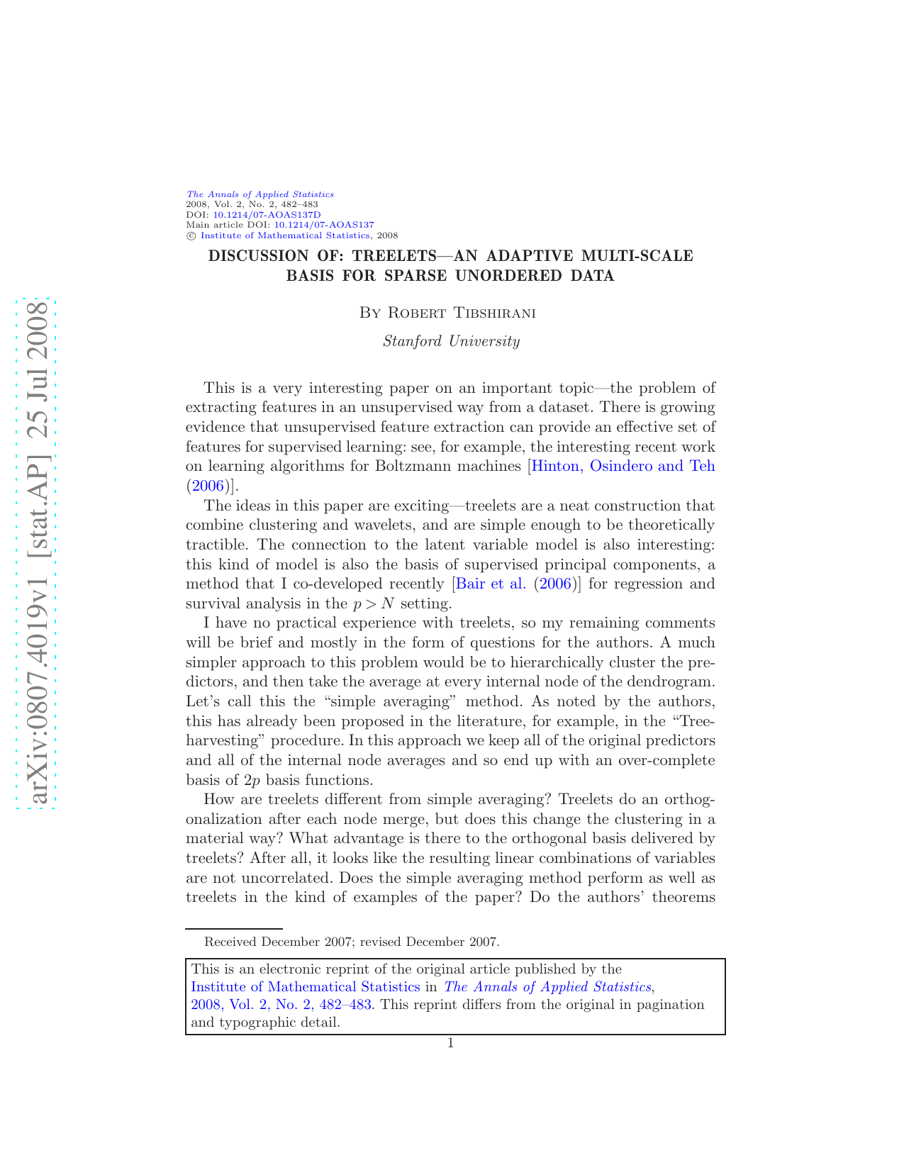 Discussion of: Treelets--An adaptive multi-scale basis for sparse unordered data