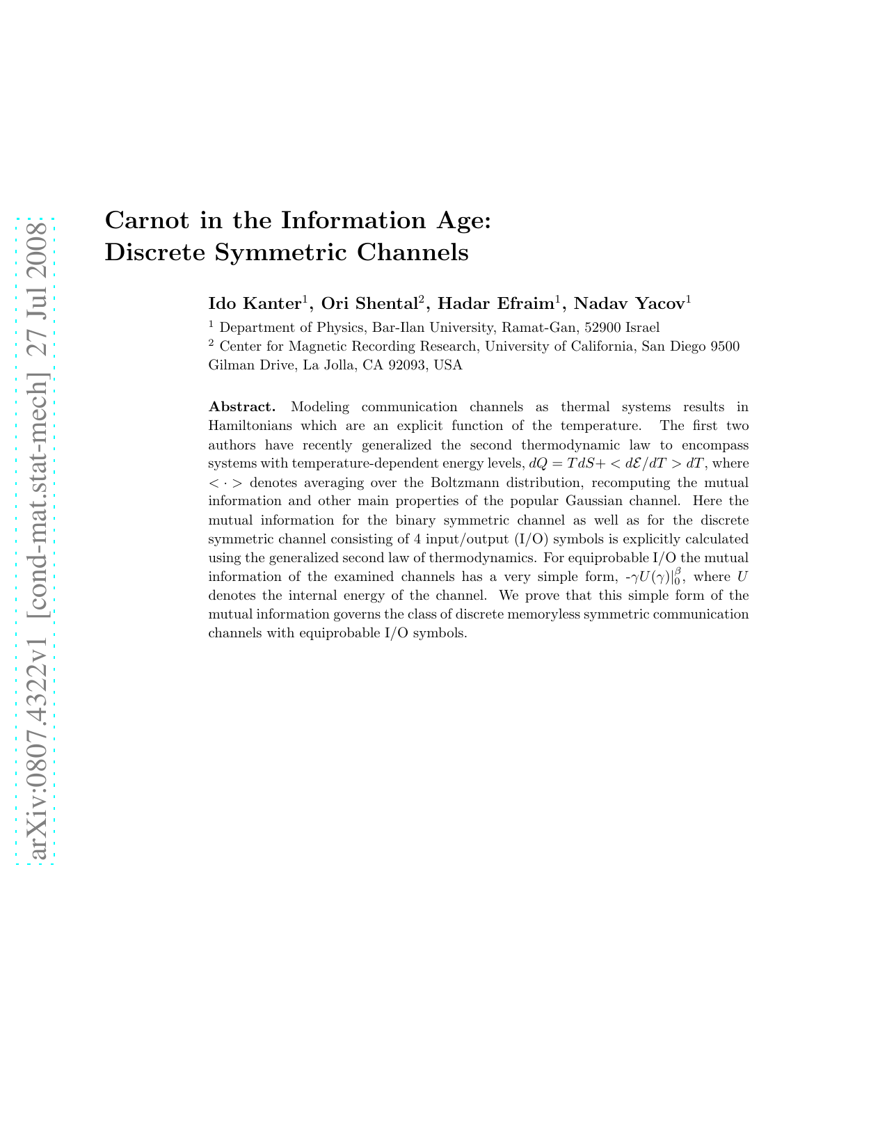 Carnot in the Information Age: Discrete Symmetric Channels