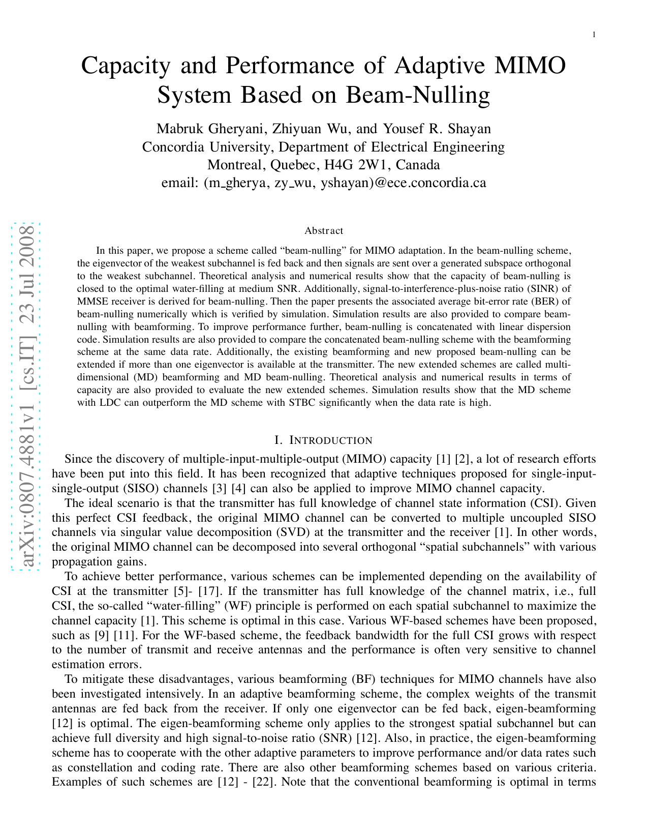 Capacity and Performance of Adaptive MIMO System Based on Beam-Nulling