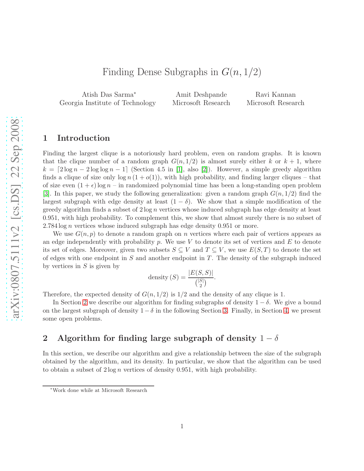 Finding Dense Subgraphs in G(n,1/2)