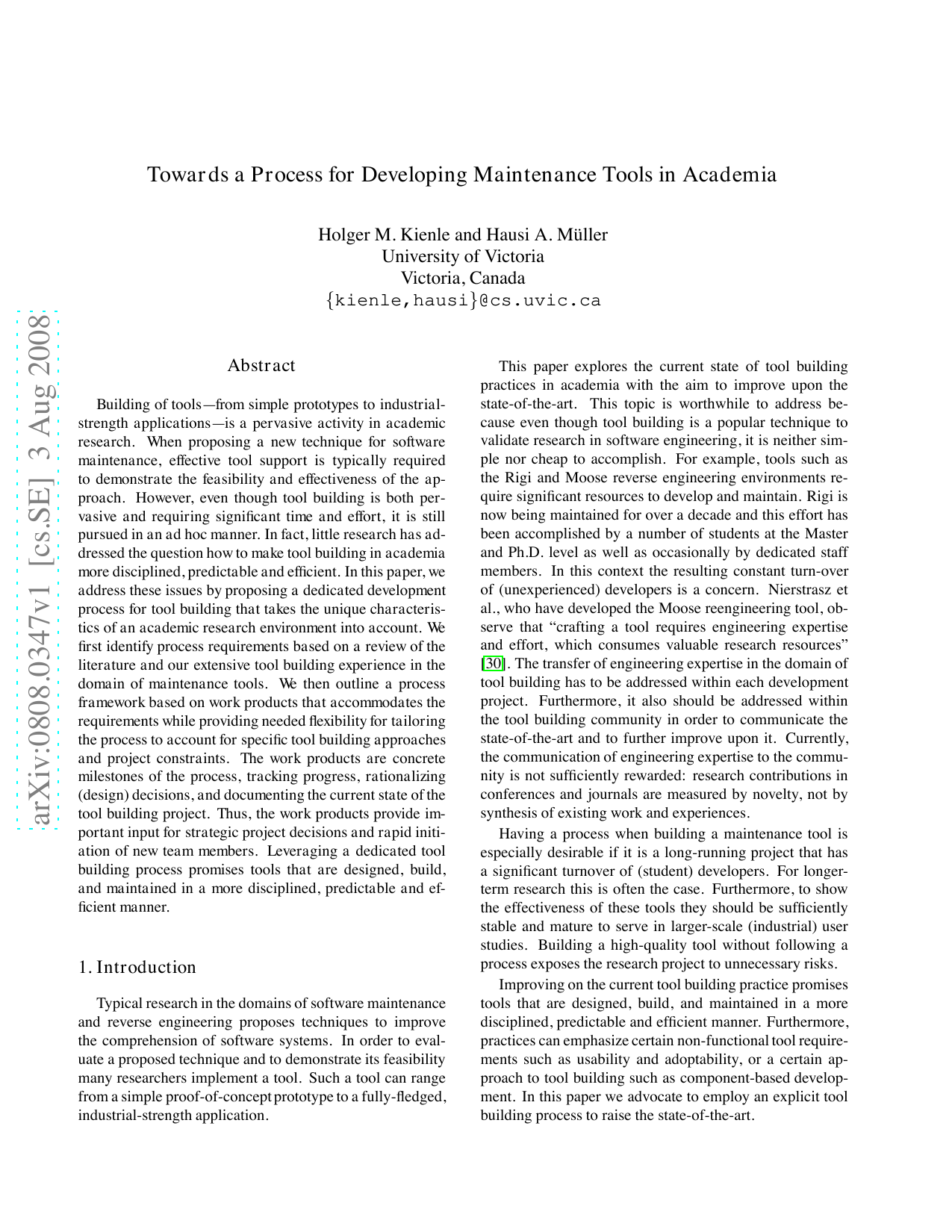 Towards a Process for Developing Maintenance Tools in Academia