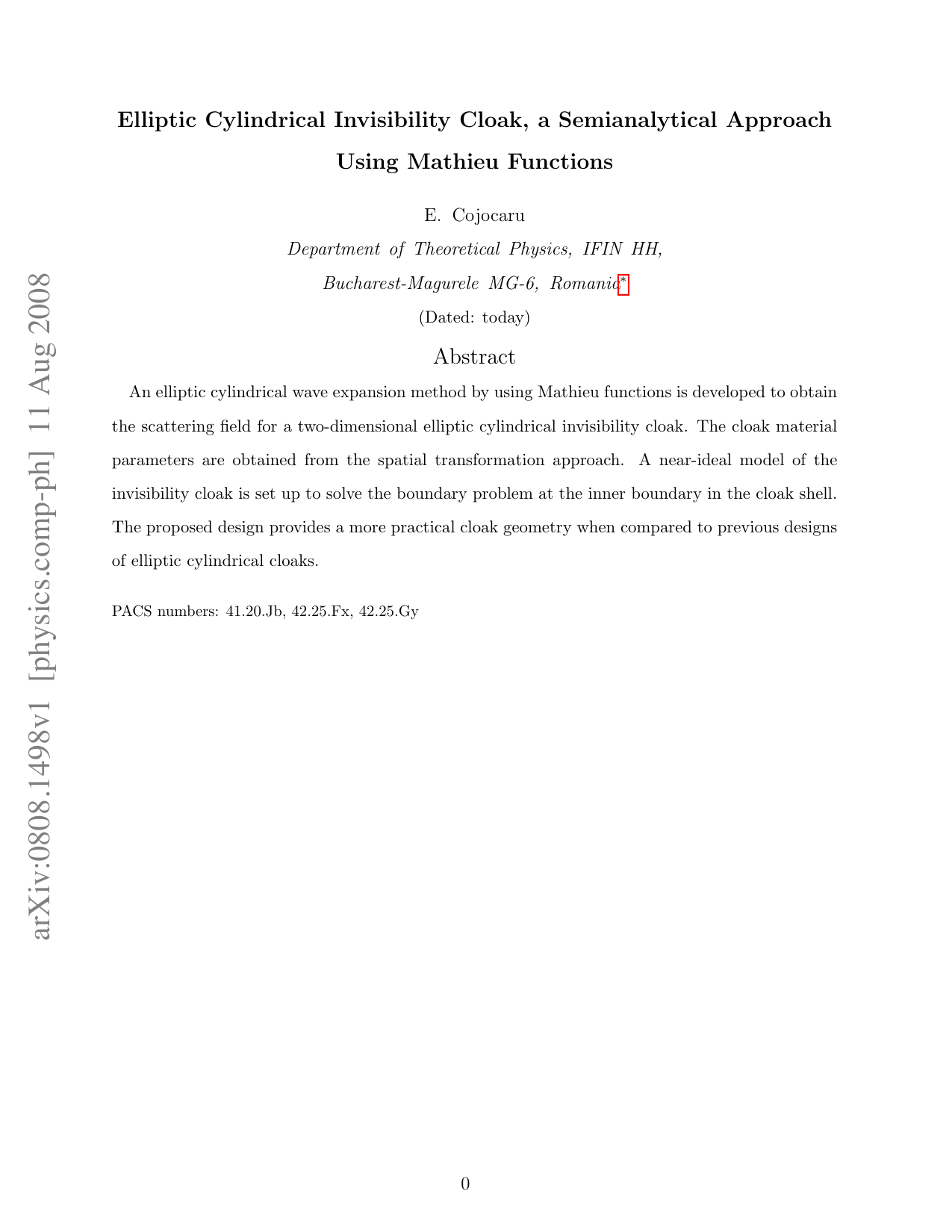 Elliptic Cylindrical Invisibility Cloak, a Semianalytical Approach Using   Mathieu Functions