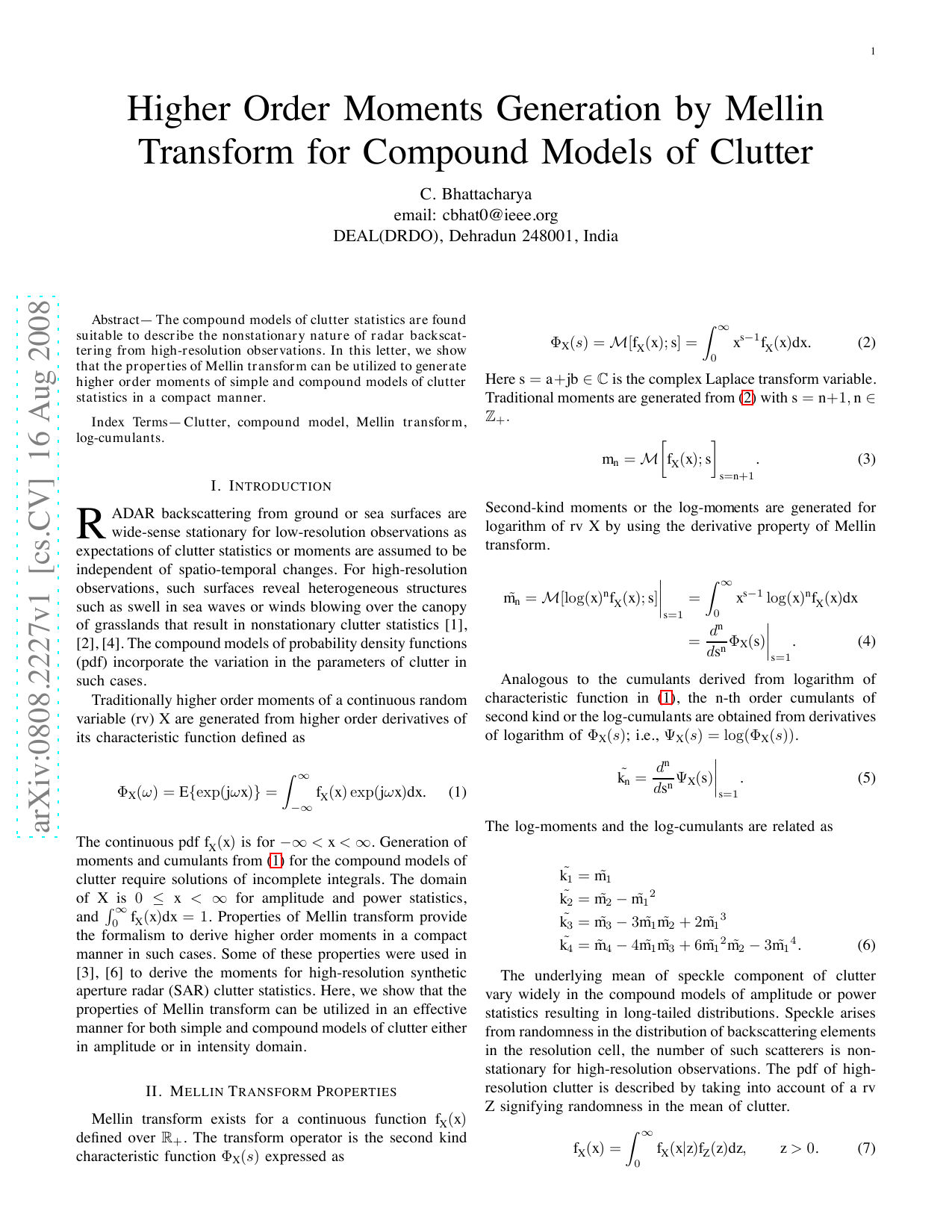 Higher Order Moments Generation by Mellin Transform for Compound Models of Clutter