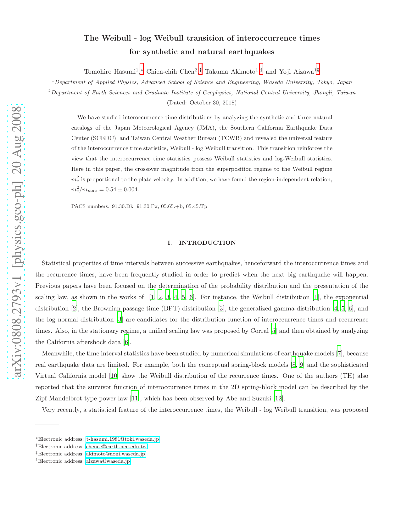 The Weibull - log Weibull transition of interoccurrence times for   synthetic and natural earthquakes