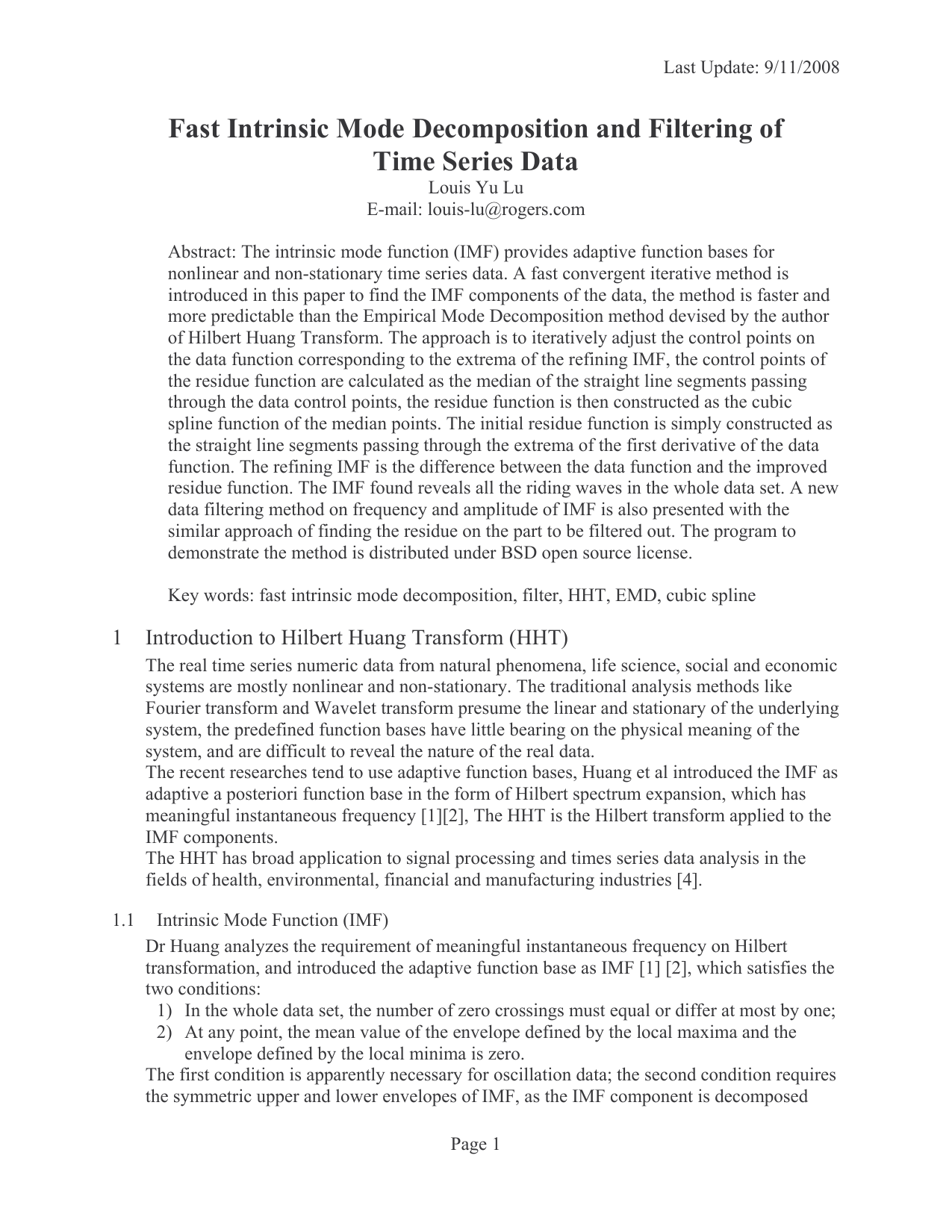 Fast Intrinsic Mode Decomposition and Filtering of Time Series Data