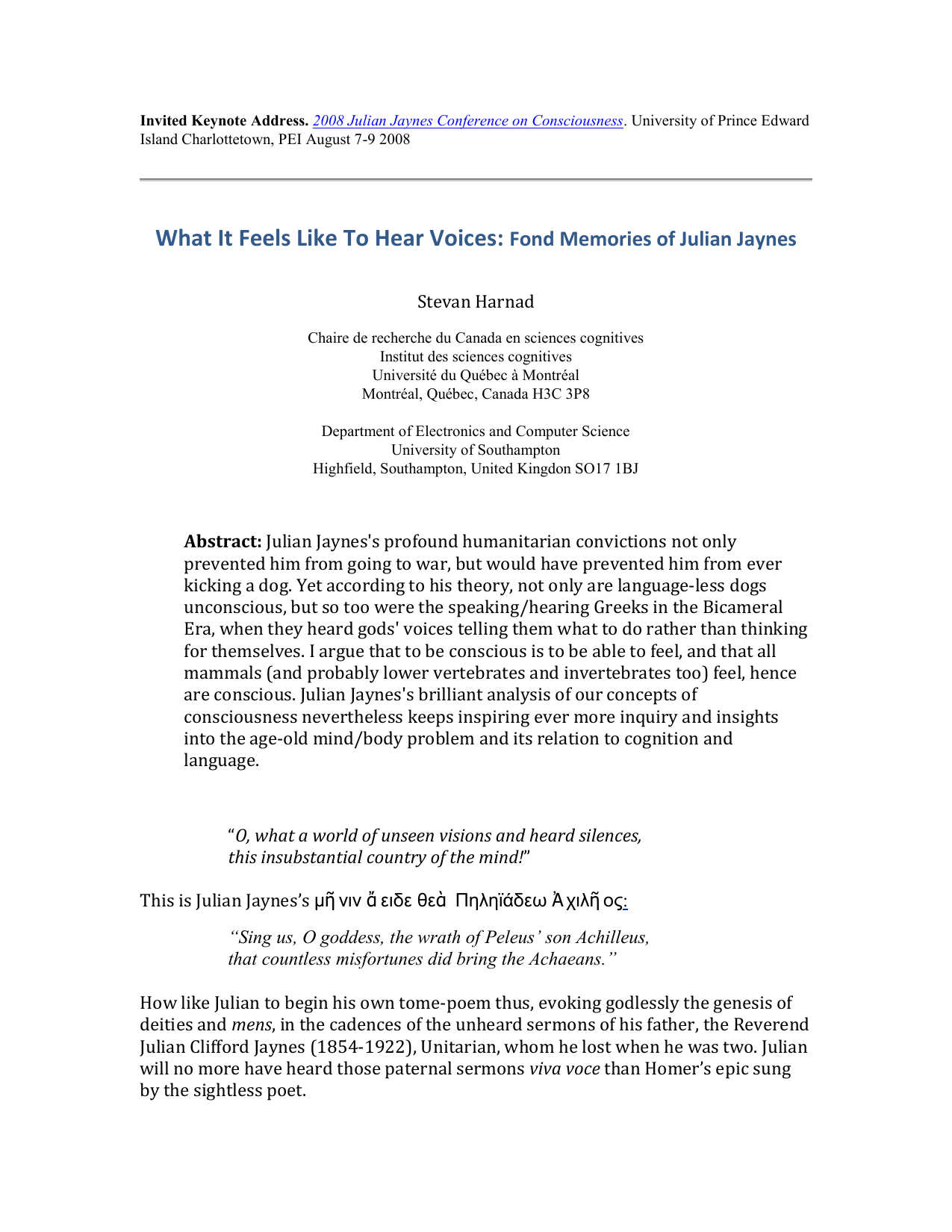 What It Feels Like To Hear Voices: Fond Memories of Julian Jaynes