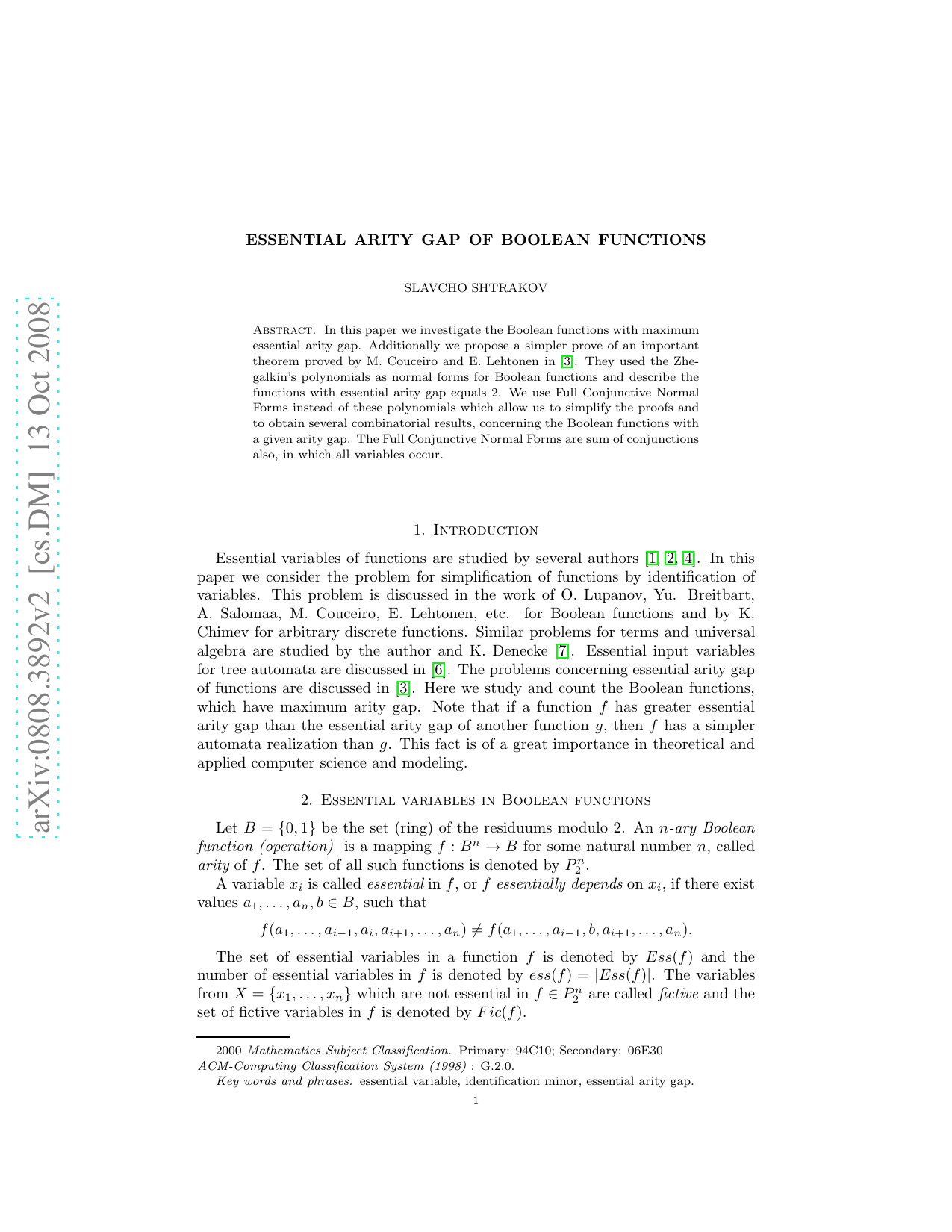 Essential arity gap of Boolean functions