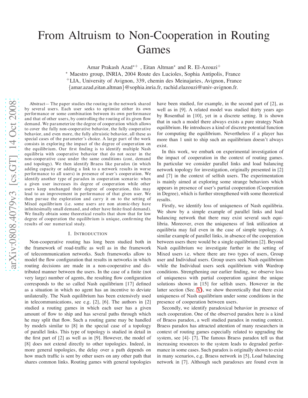 From Altruism to Non-Cooperation in Routing Games