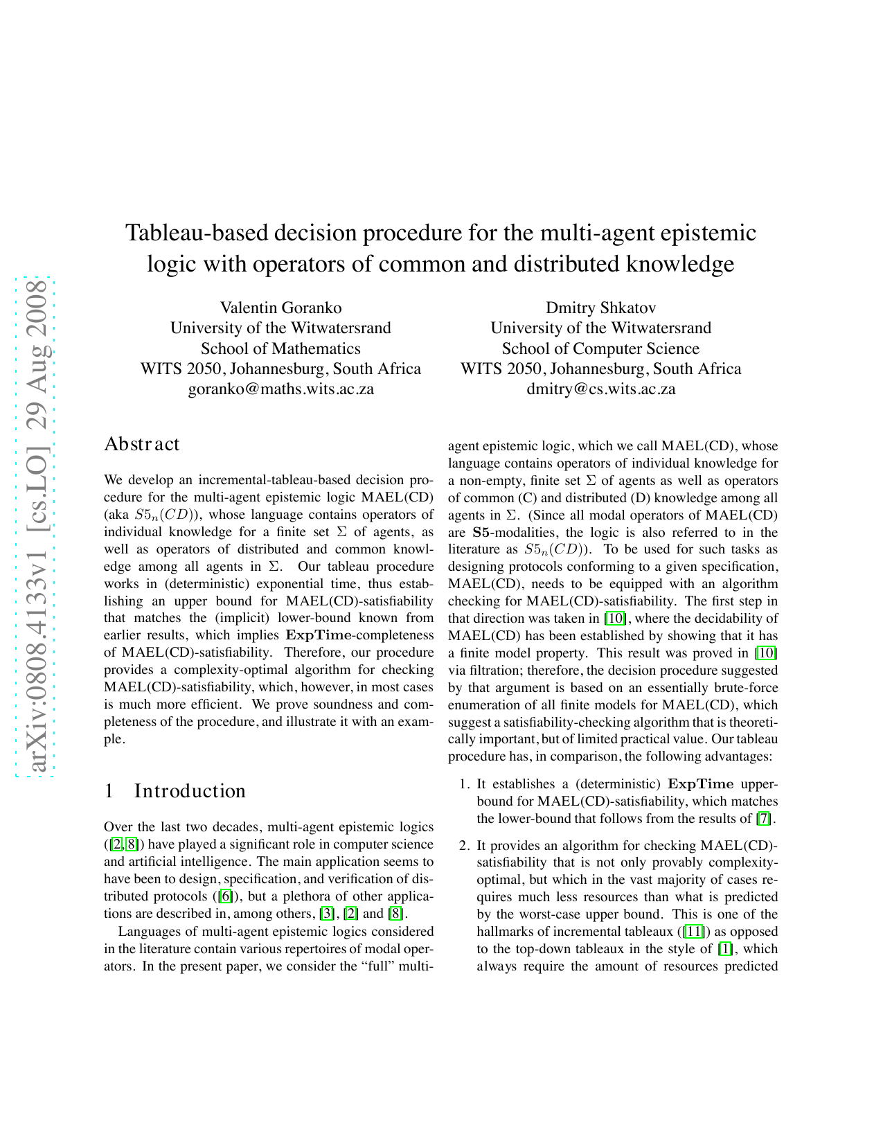 Tableau-based decision procedure for the multi-agent epistemic logic   with operators of common and distributed knowledge