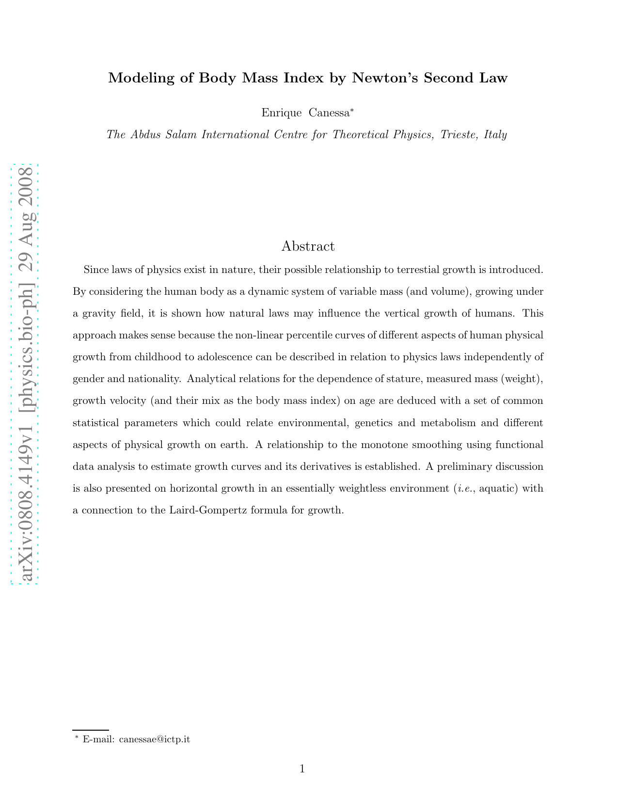 Modeling of Body Mass Index by Newtons Second Law