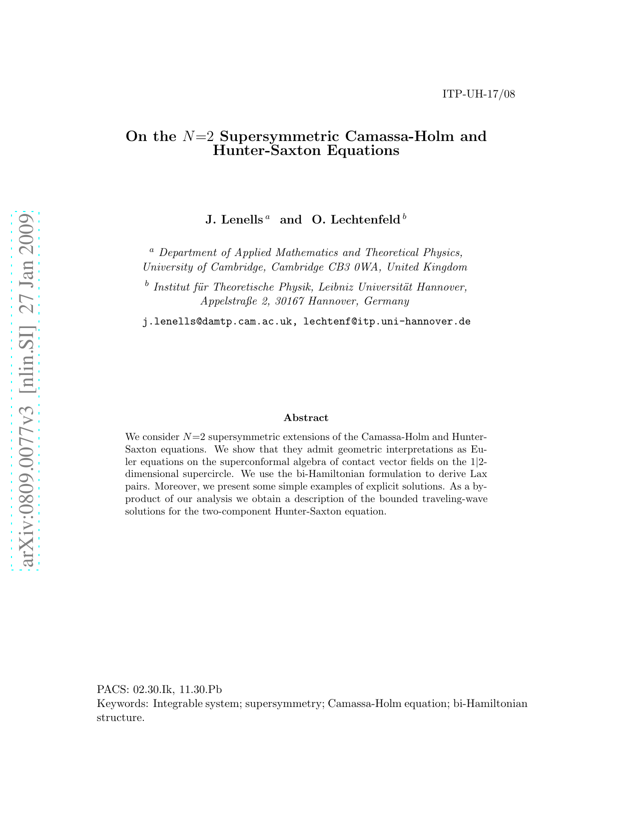 On the N=2 Supersymmetric Camassa-Holm and Hunter-Saxton Equations