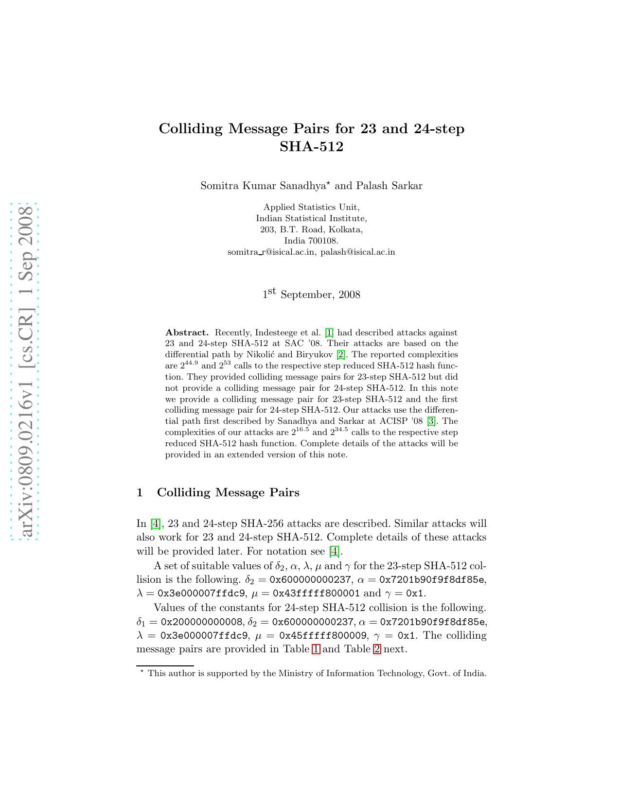 Colliding Message Pairs for 23 and 24-step SHA-512