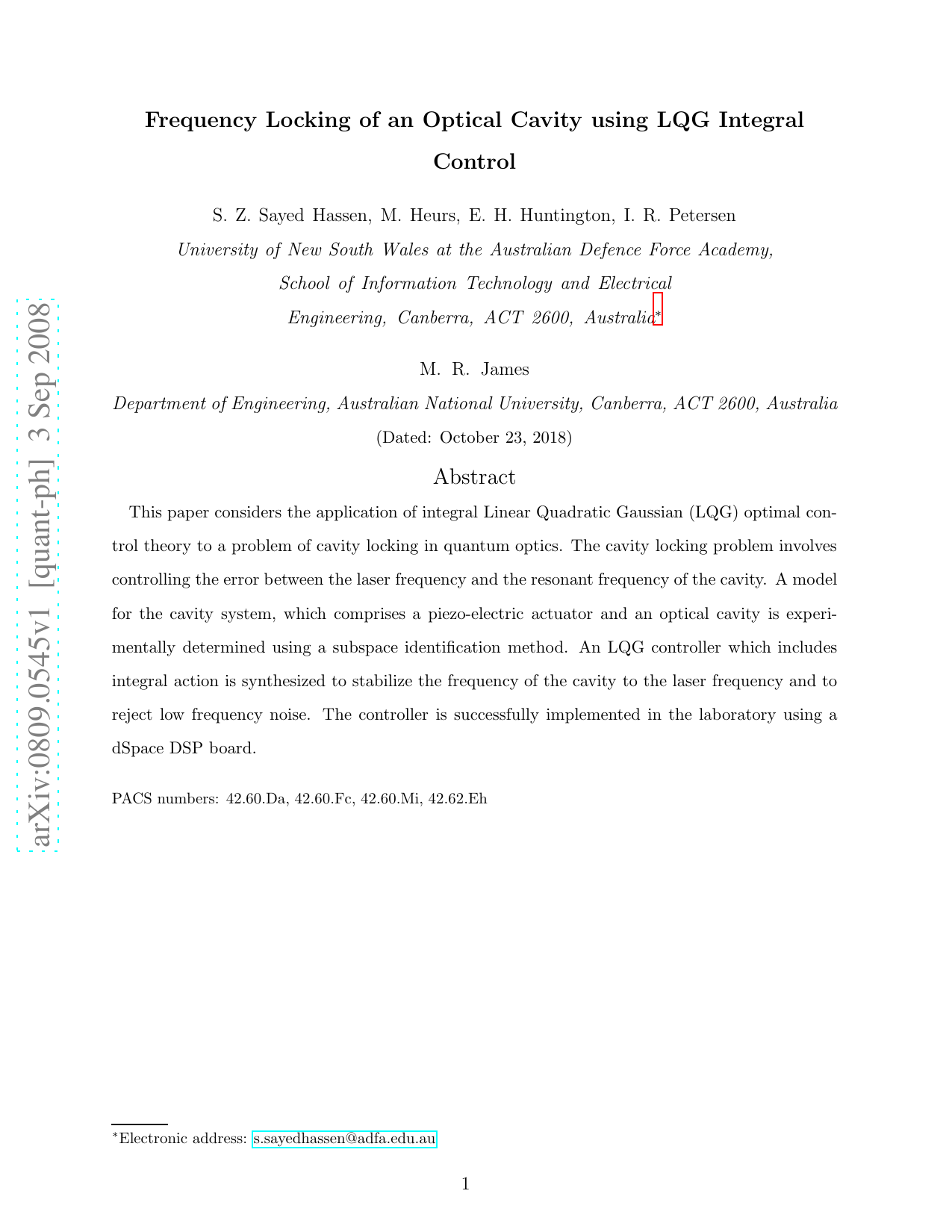 Frequency Locking of an Optical Cavity using LQG Integral Control