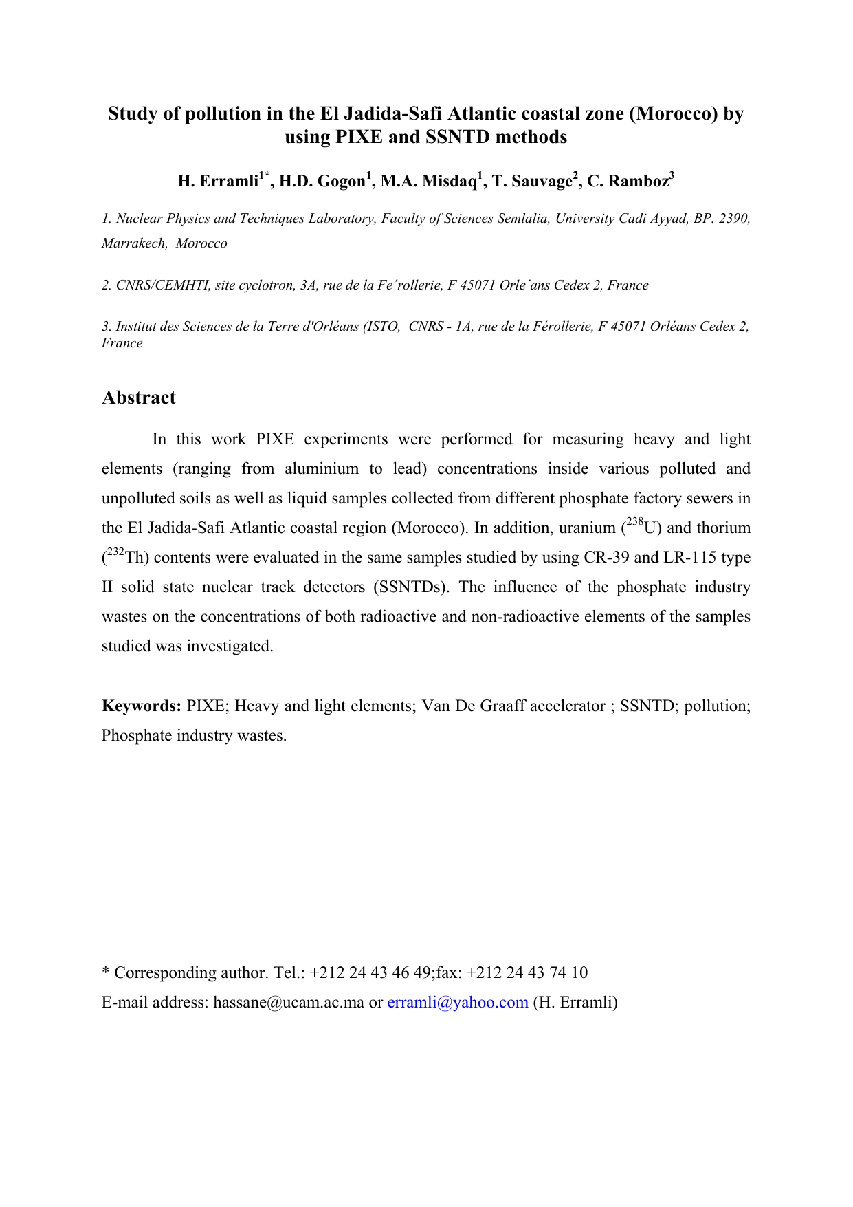 Study of pollution in the El Jadida-Safi Atlantic coastal zone (Morocco)   by using PIXE and SSNTD methods
