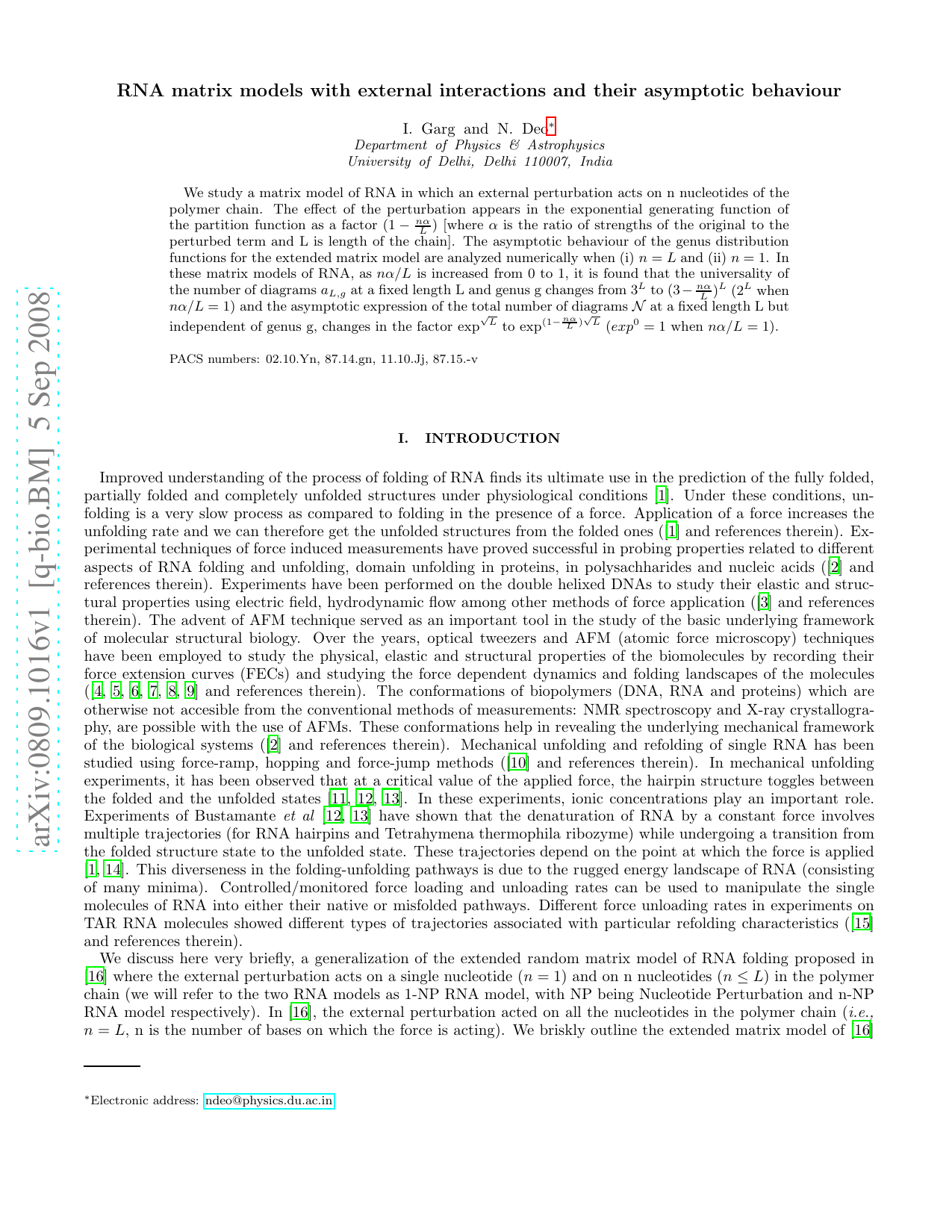 RNA matrix models with external interactions and their asymptotic   behaviour