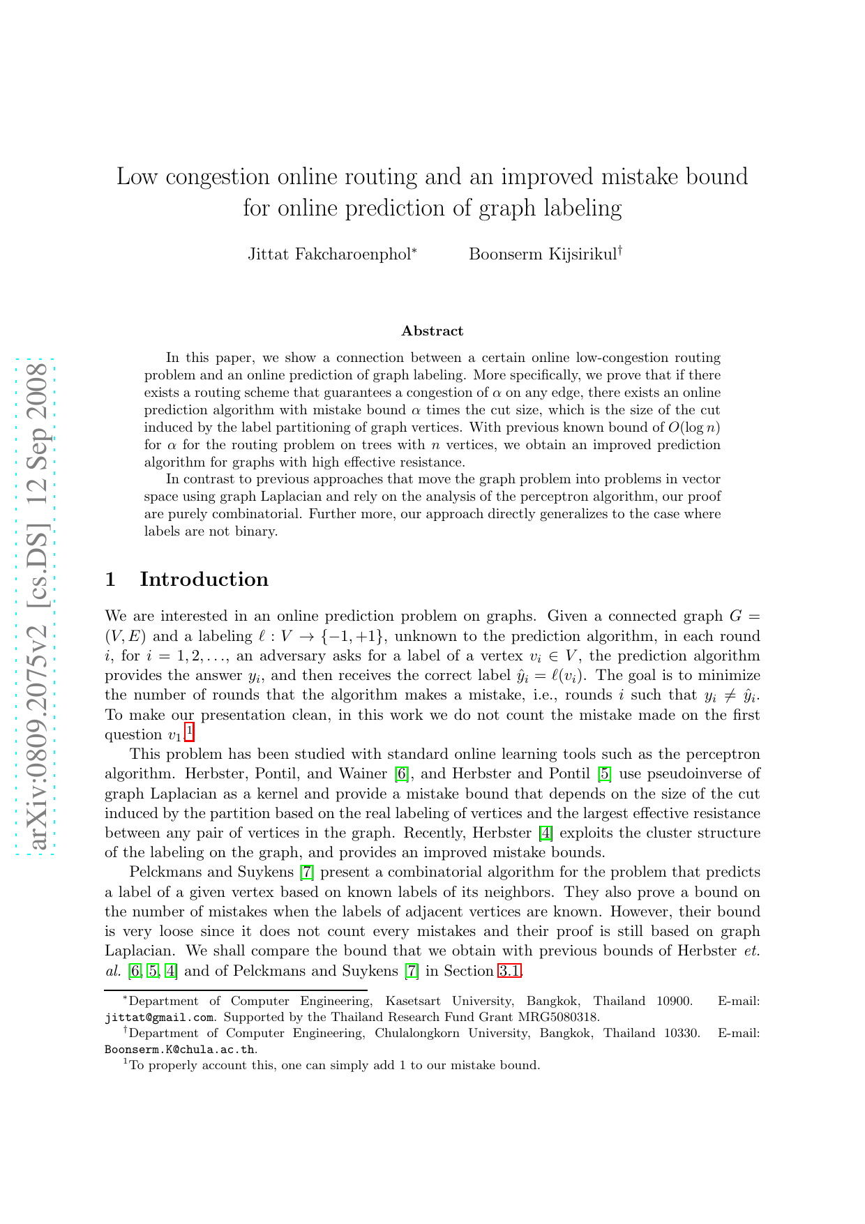Low congestion online routing and an improved mistake bound for online   prediction of graph labeling