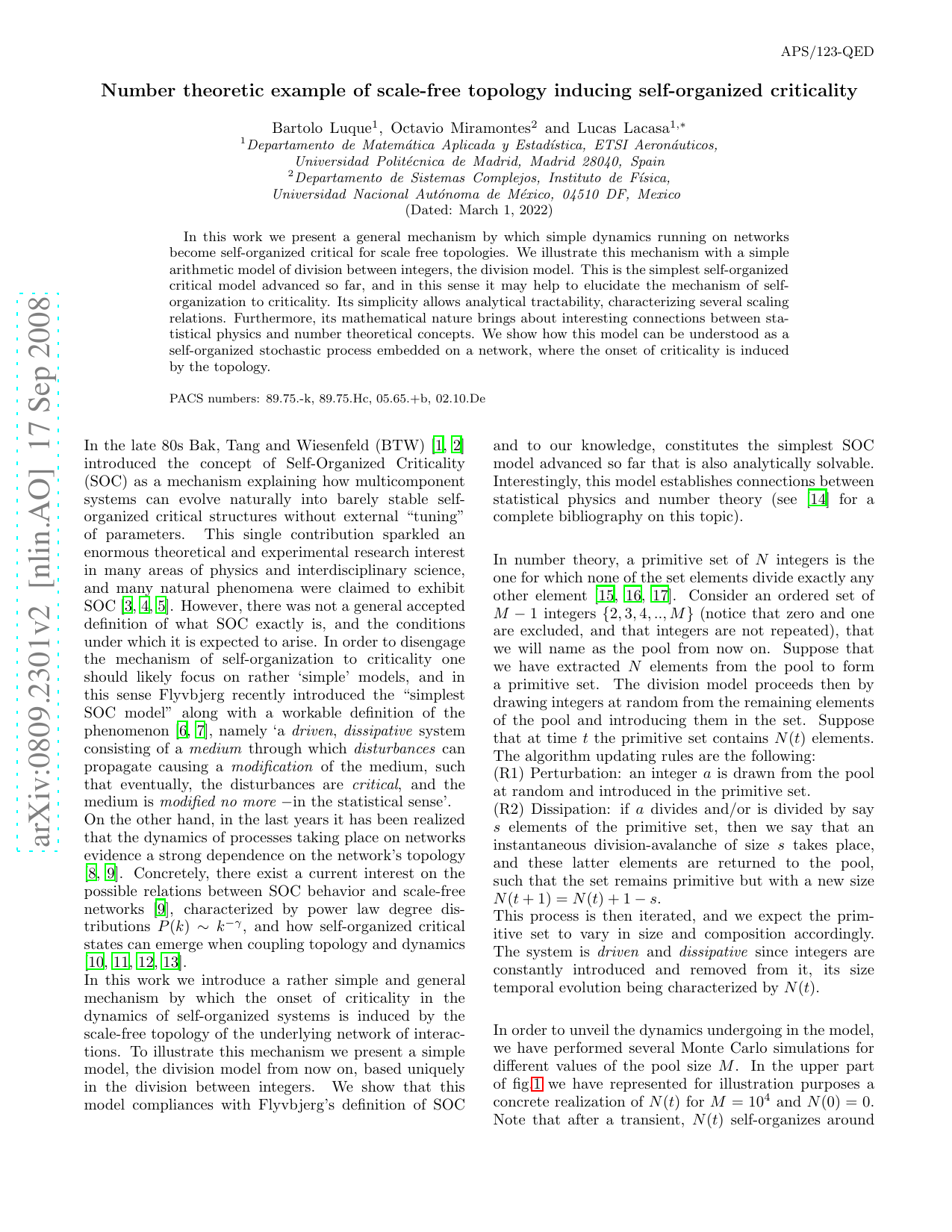 Number theoretic example of scale-free topology inducing self-organized criticality