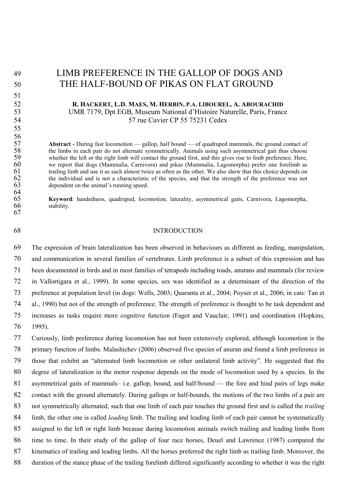 Limb preference in the gallop of dogs and the half-bound of pikas on   flat ground
