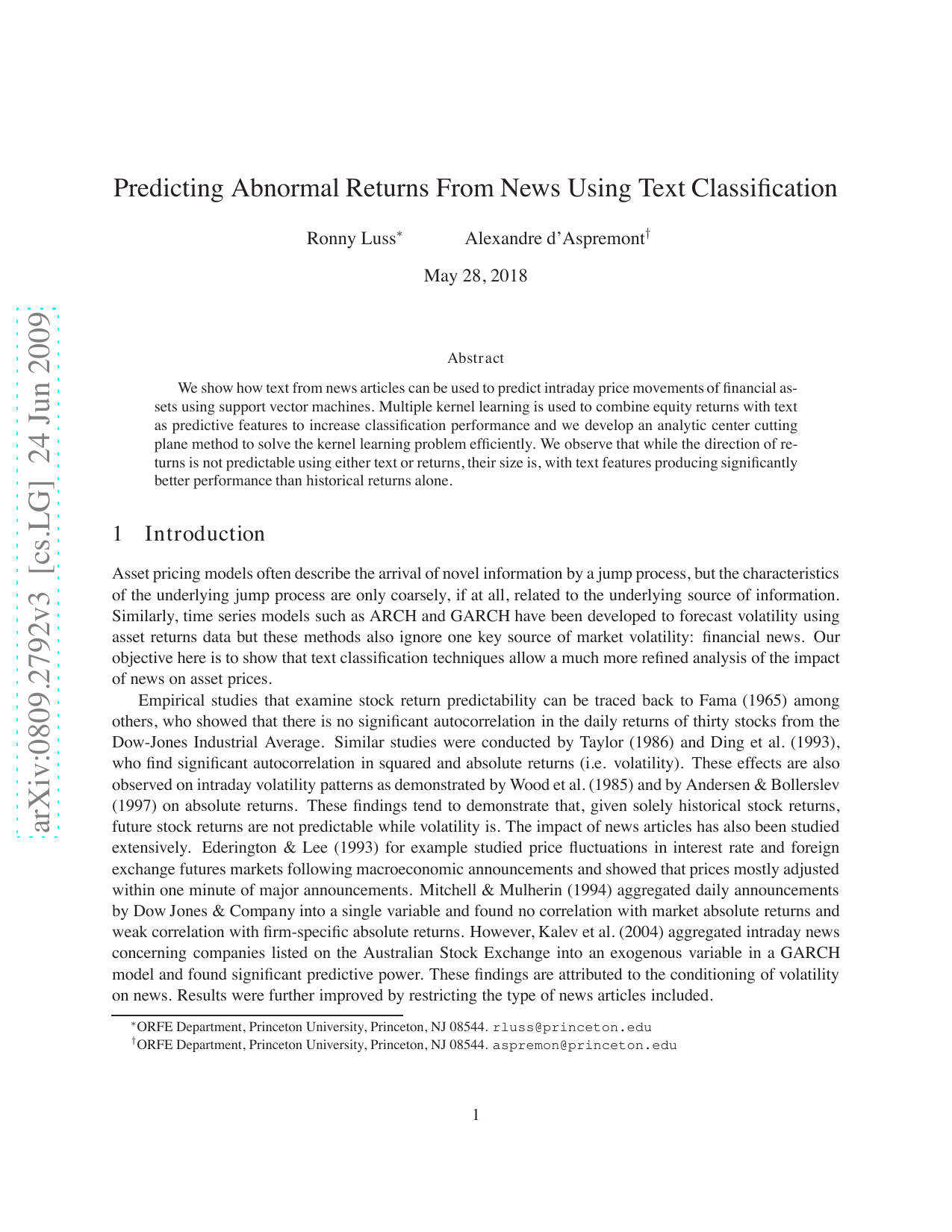 Predicting Abnormal Returns From News Using Text Classification