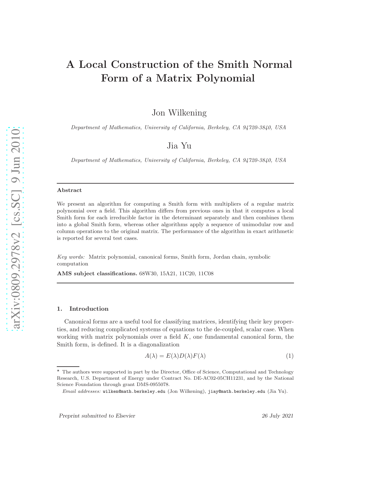 A local construction of the Smith normal form of a matrix polynomial