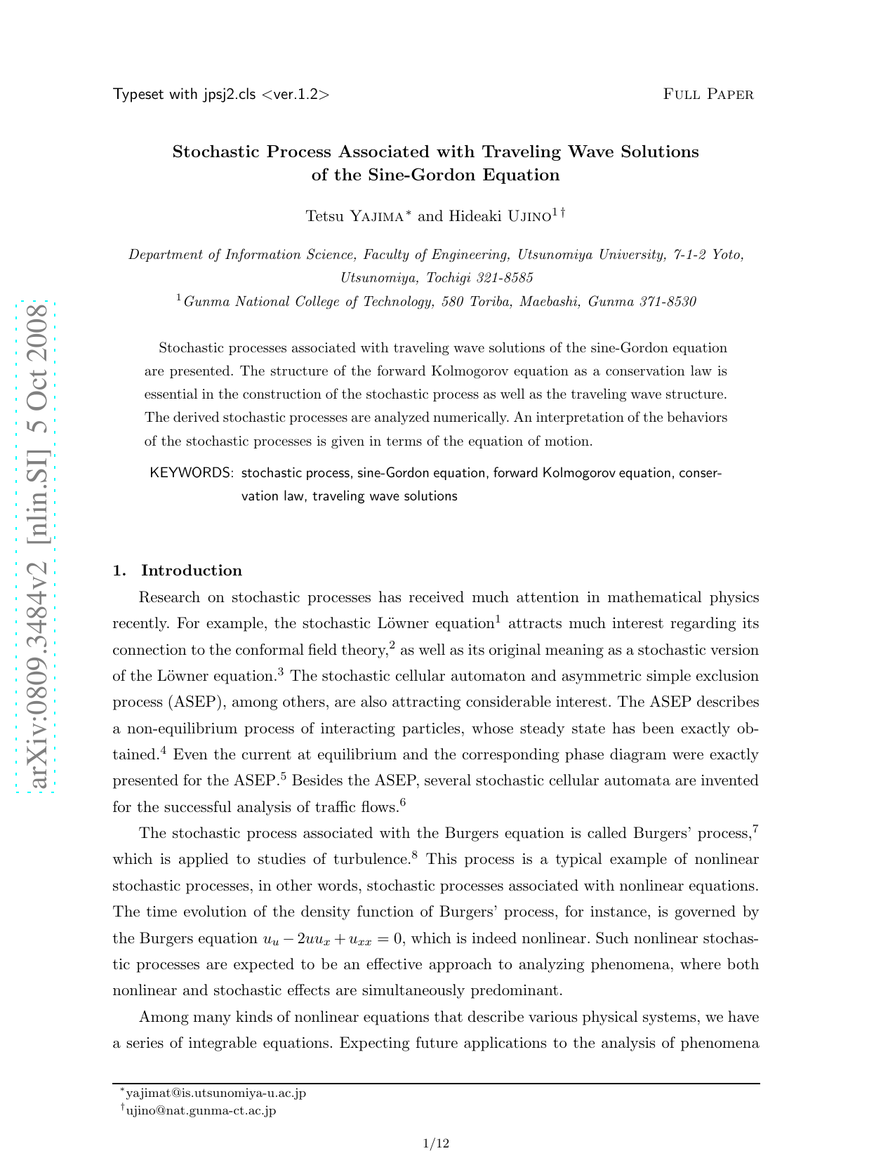 Stochastic Process Associated with Traveling Wave Solutions of the Sine-Gordon Equation
