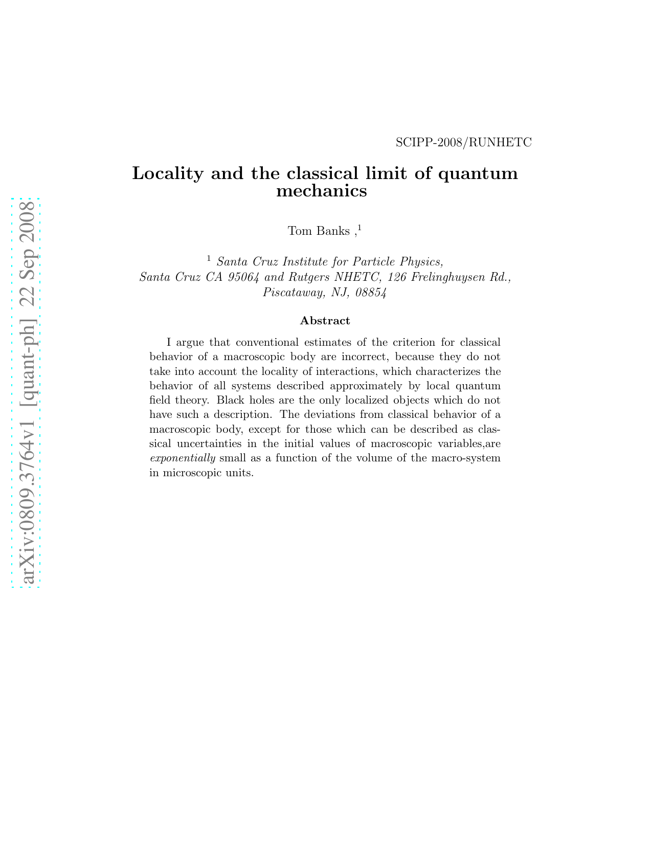 Locality and the classical limit of quantum mechanics