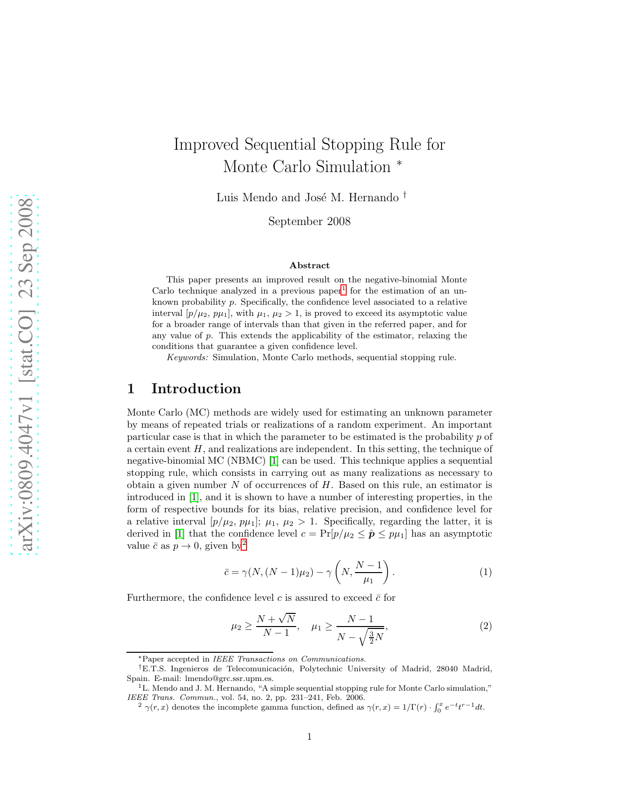 Improved Sequential Stopping Rule for Monte Carlo Simulation