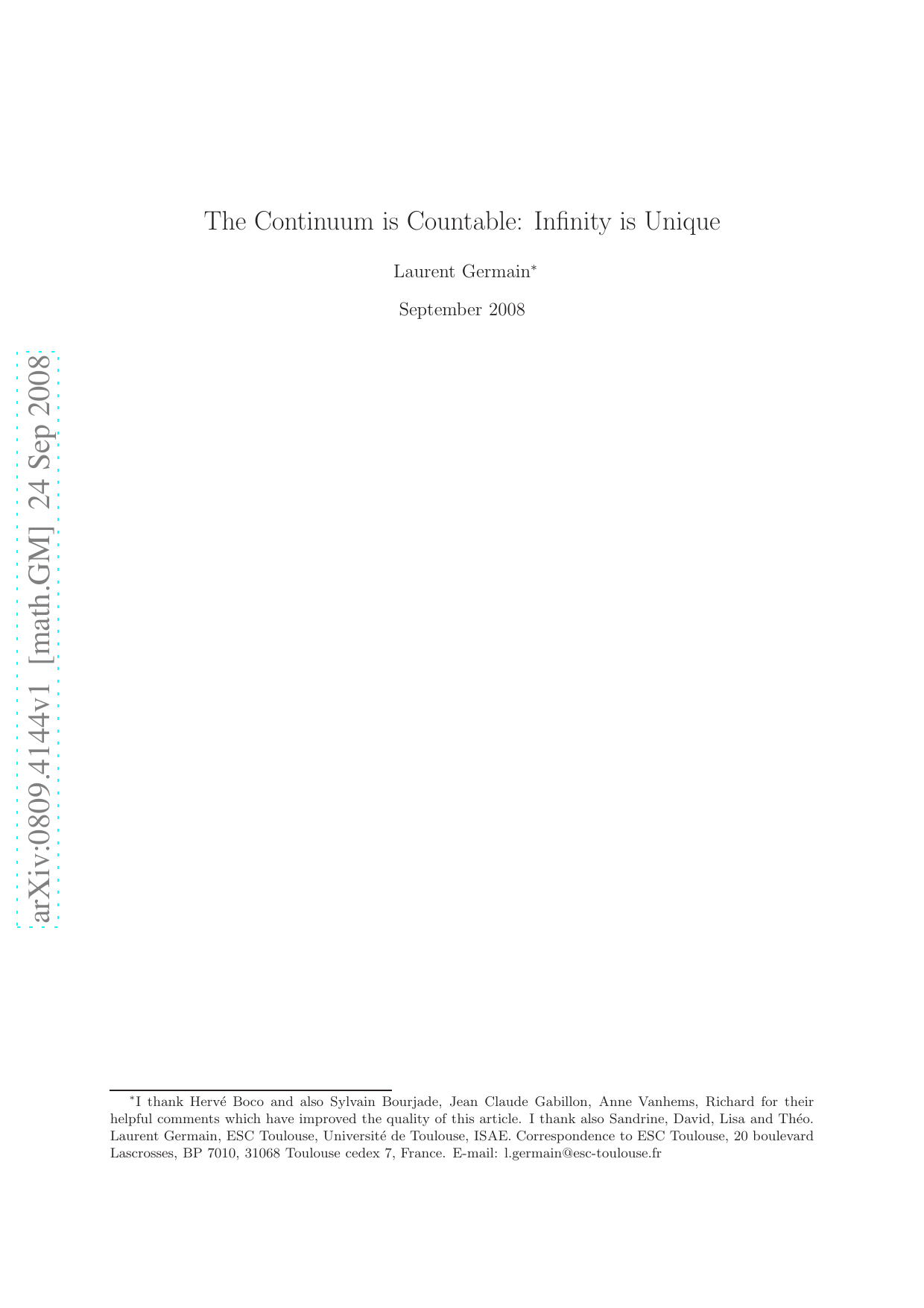 The Continuum is Countable: Infinity is Unique