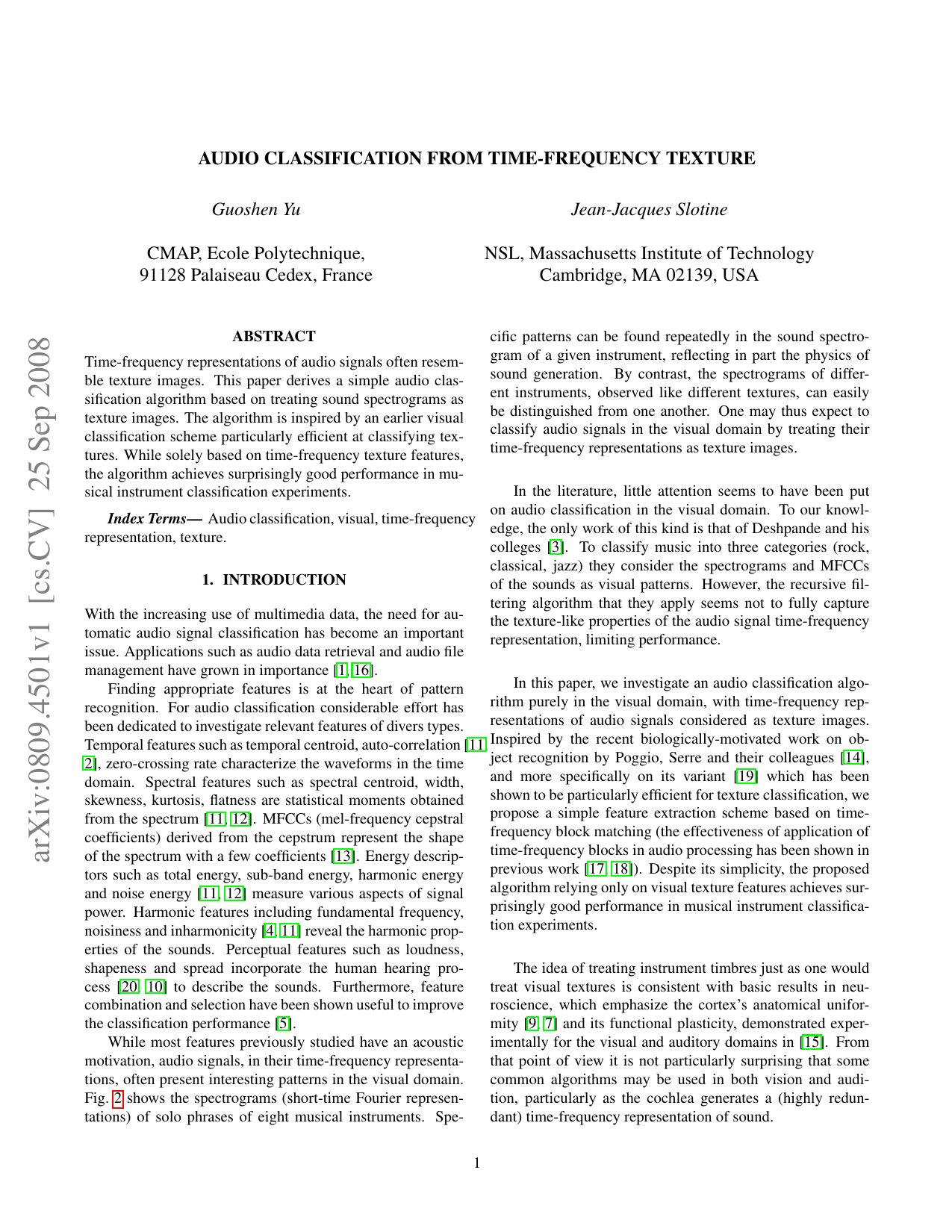 Audio Classification from Time-Frequency Texture