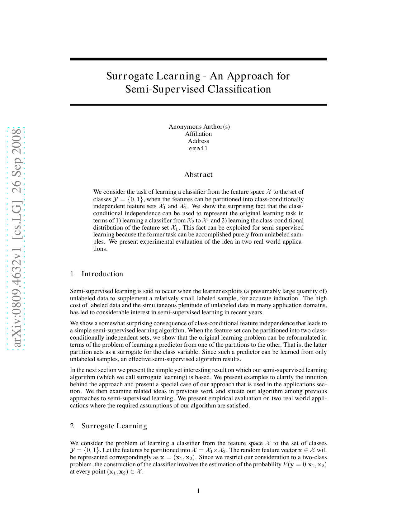 Surrogate Learning - An Approach for Semi-Supervised Classification