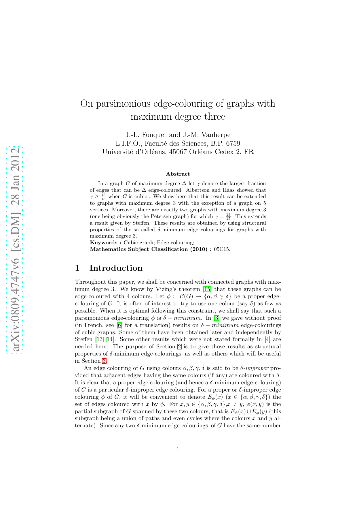 On parsimonious edge-colouring of graphs with maximum degree three