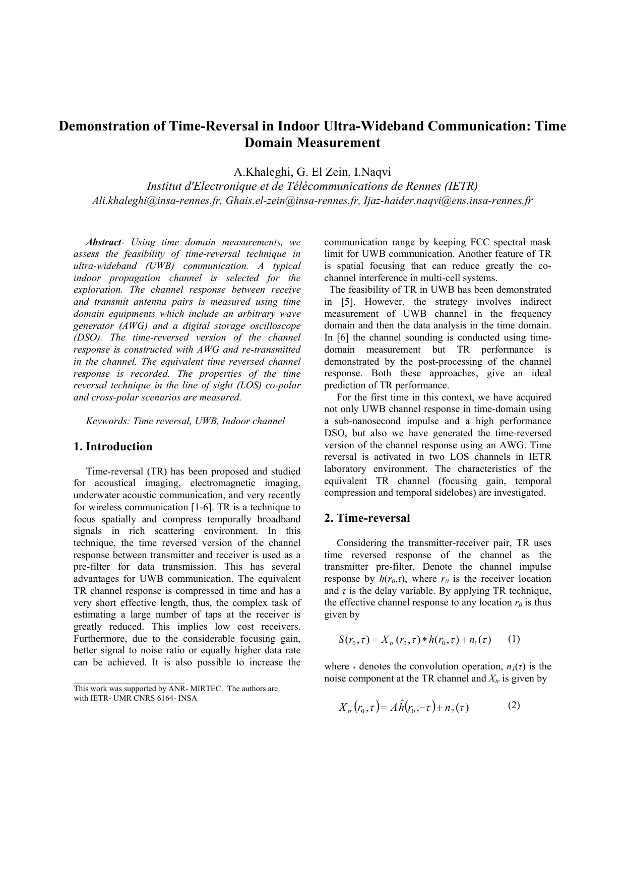 Demonstration of Time-Reversal in Indoor Ultra-Wideband Communication:   Time Domain Measurement