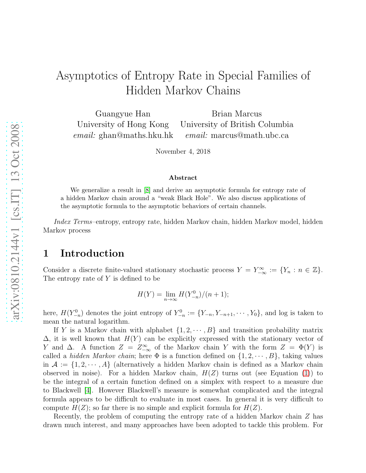 Asymptotics of Entropy Rate in Special Families of Hidden Markov Chains